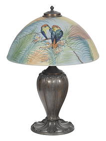 REVERSE-PAINTED GLASS TABLE LAMP Early 20th Century Shade height 8.25", diameter 18”. Total (1 of 1)