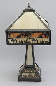 ARTS AND CRAFT SLAG GLASS TABLE LAMP Early 20th Century Height 26”. (1 of 1)