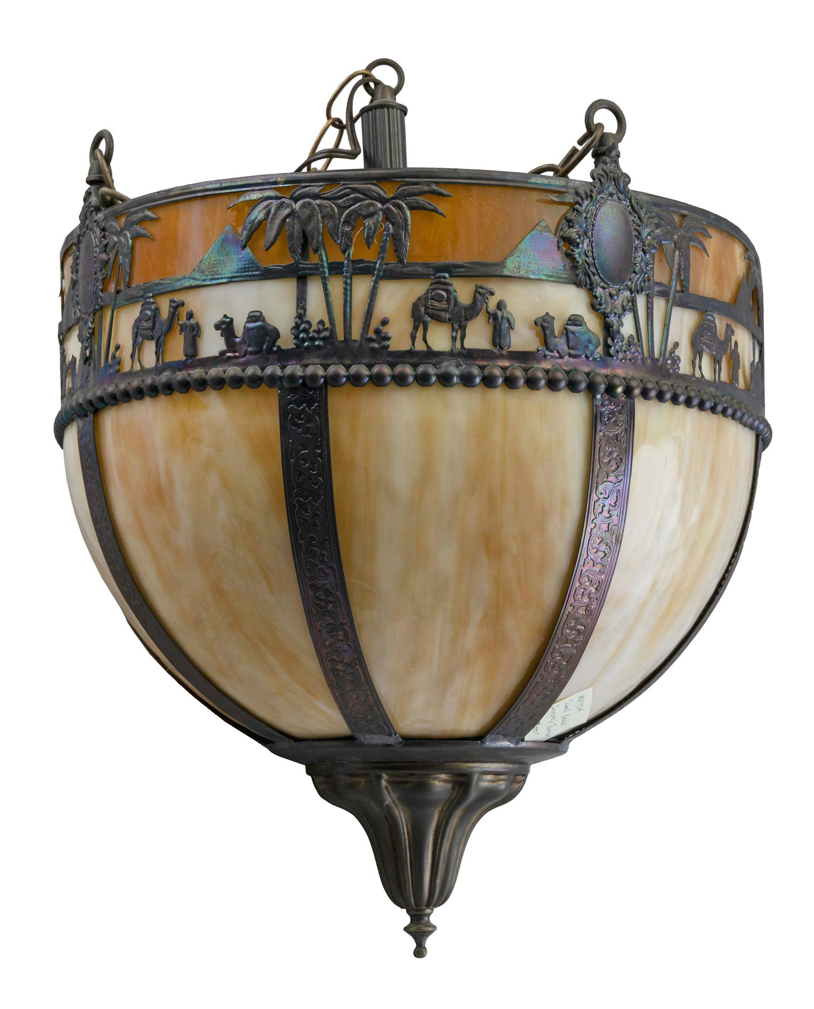 ARTS AND CRAFTS SLAG GLASS HANGING LIGHTING FIXTURE Early 20th Century Diameter 15.5”.: ARTS AND CRAFTS SLAG GLASS HANGING LIGHTING FIXTURE Early 20th Century Metal panels at upper perimeter feature decorations of caravans and pyramids off the Nile river. Diameter 15.5”.