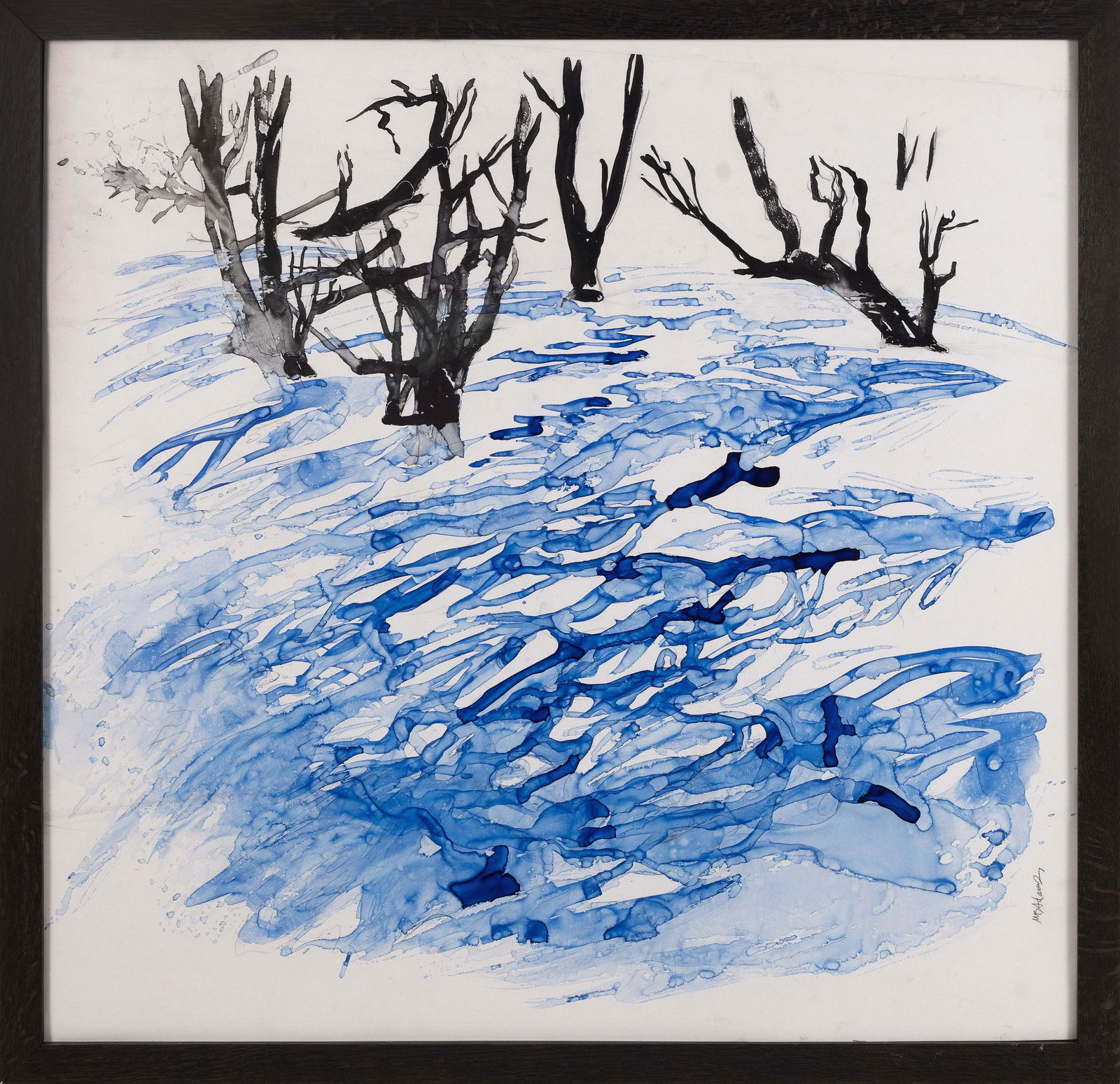 MARK ADAMS (America, Contemporary), Abstract landscape in blue and black., Mixed media on paper, (1 of 1)