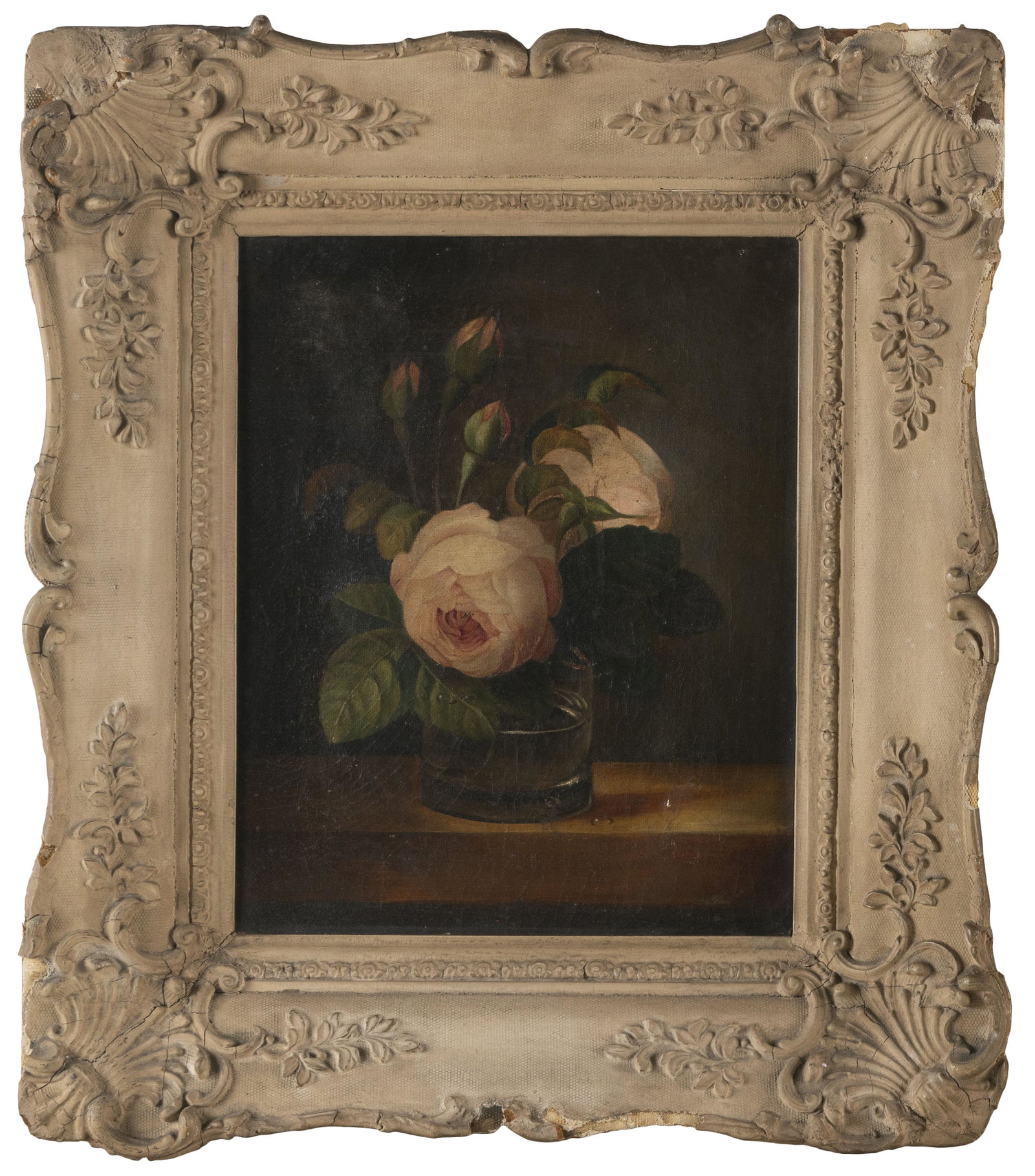 AMERICAN SCHOOL (19th Century,), Peonies in a vase., Oil on canvas, 10.75” x 8.5”.: AMERICAN SCHOOL 19th Century Peonies in a vase. Unsigned. Label on back “William S. Conley, Carver & Gilder, Plain and Ornamental, Framer. 19 Essex St., New York”. Oil on canvas, 10.75R