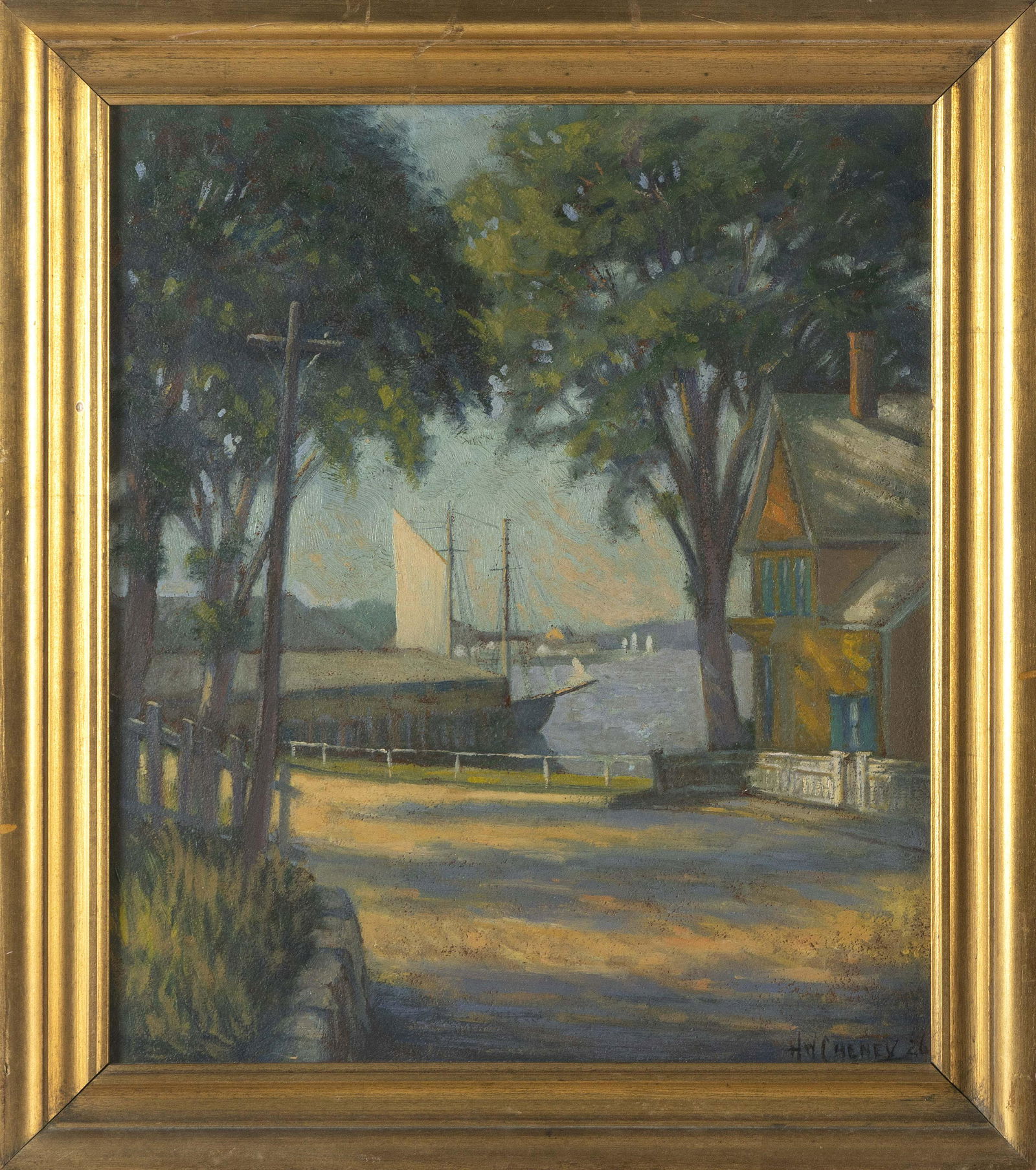 HAROLD W. CHENEY (Massachusetts, 1889-1946), Harbor scene., Oil on panel, 14” x 12”. (1 of 2)