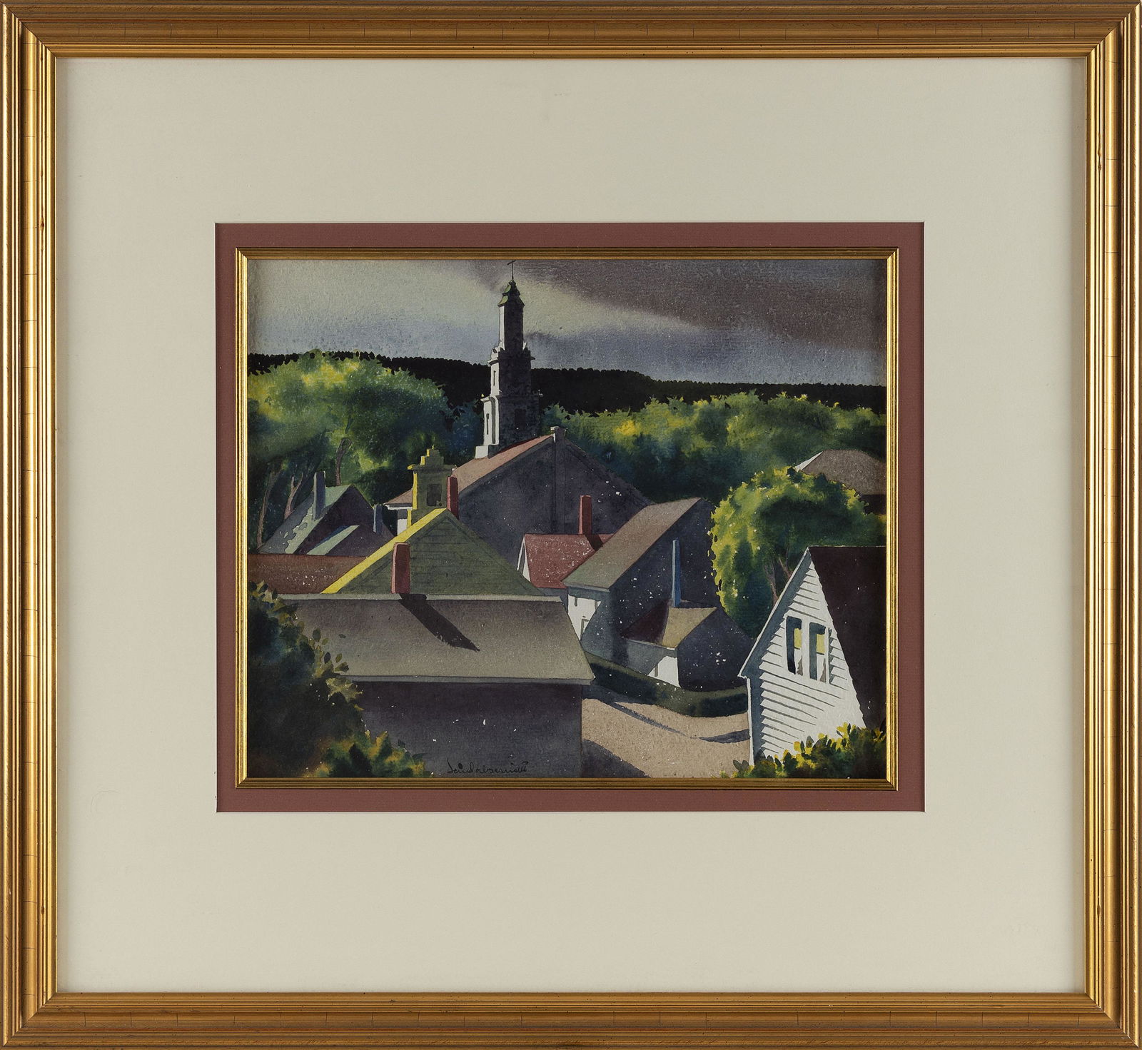 SANDOR BERNATH (New York/Maine/Hungary/Honduras, 1892-1984), Rooftops., Watercolor on paper, 12.25": SANDOR BERNATHNew York/Maine/Hungary/Honduras, 1892-1984Rooftops. Signed lower left "Sandor Bernath".Watercolor on paper, 12.25" x 15.25" sight. Framed 25" x 27".