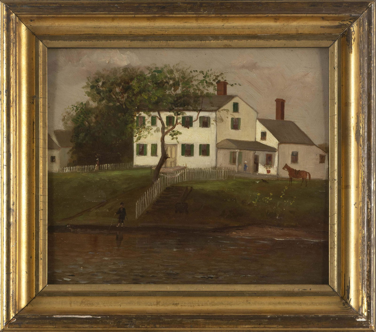 FOLK ART SCENE First Half of the 20th Century Oil on board, 9.75" x 11.75". Framed 13.5" x 15.25". (1 of 5)