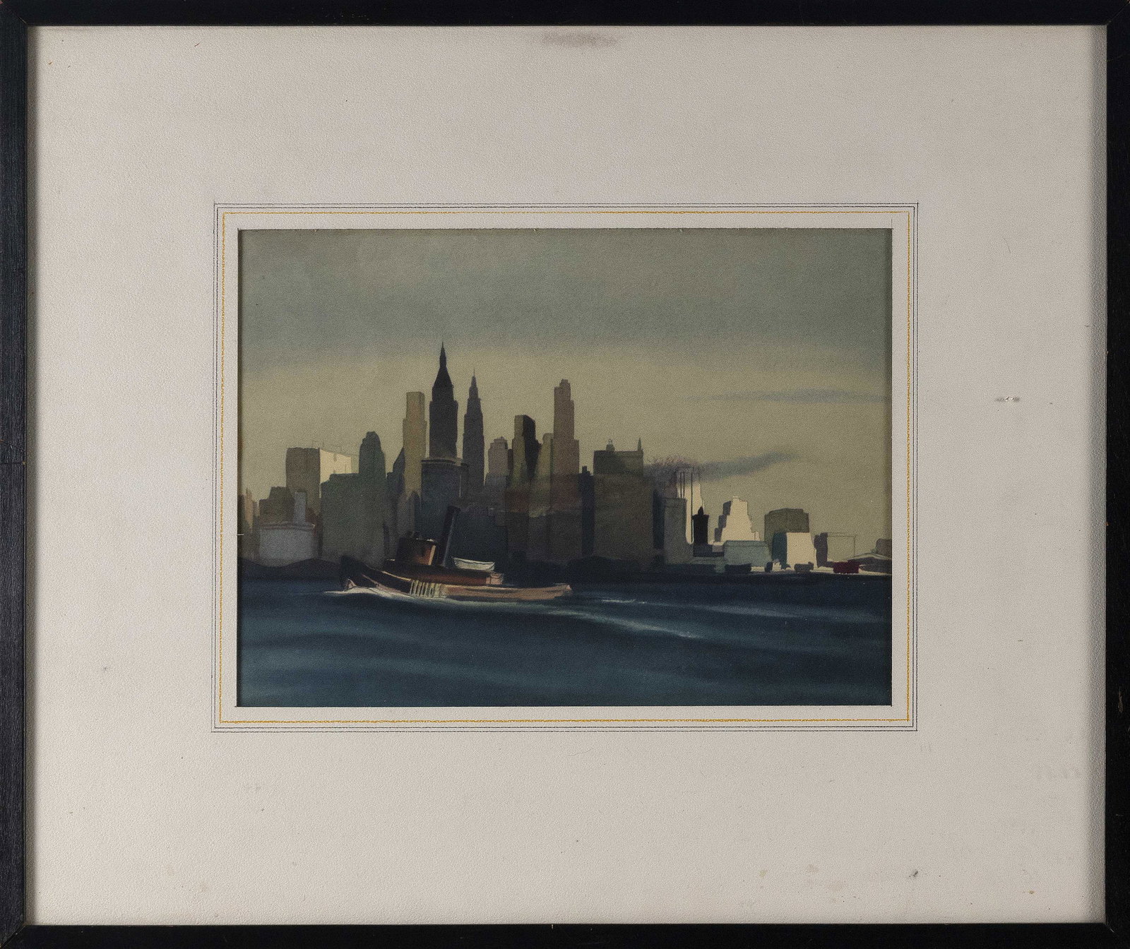 AMERICAN SCHOOL (20th Century,), A tug in New York harbor., Watecolor on paper, 8" x 11.25" sight.: AMERICAN SCHOOL 20th Century A tug in New York harbor. Unsigned. Watecolor on paper, 8" x 11.25" sight. Framed 16.5" x 19.75".