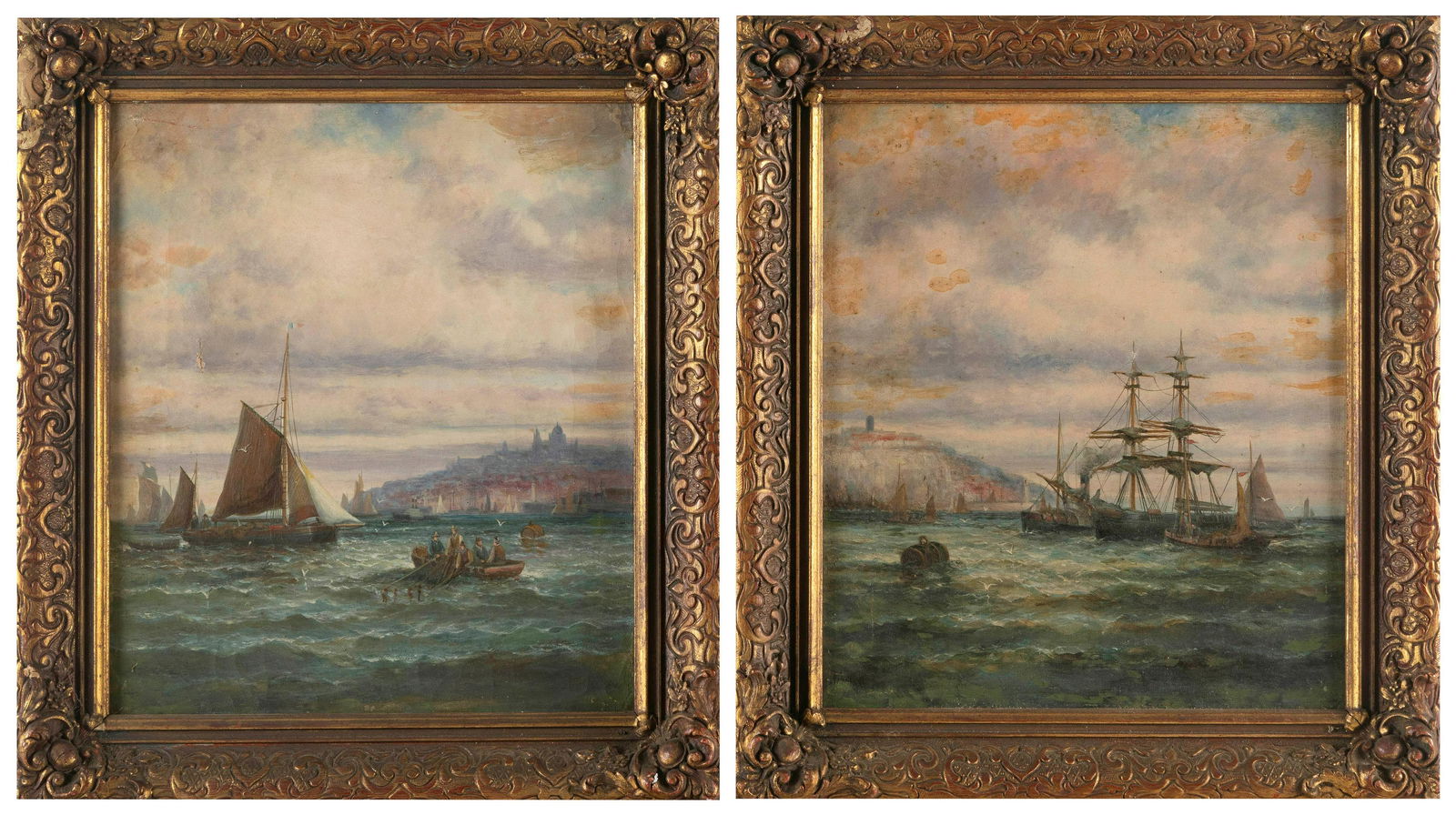 CONTINENTAL SCHOOL (19th Century,), Pair of seascapes:, Oils on canvas, 14” x 12”. (1 of 6)