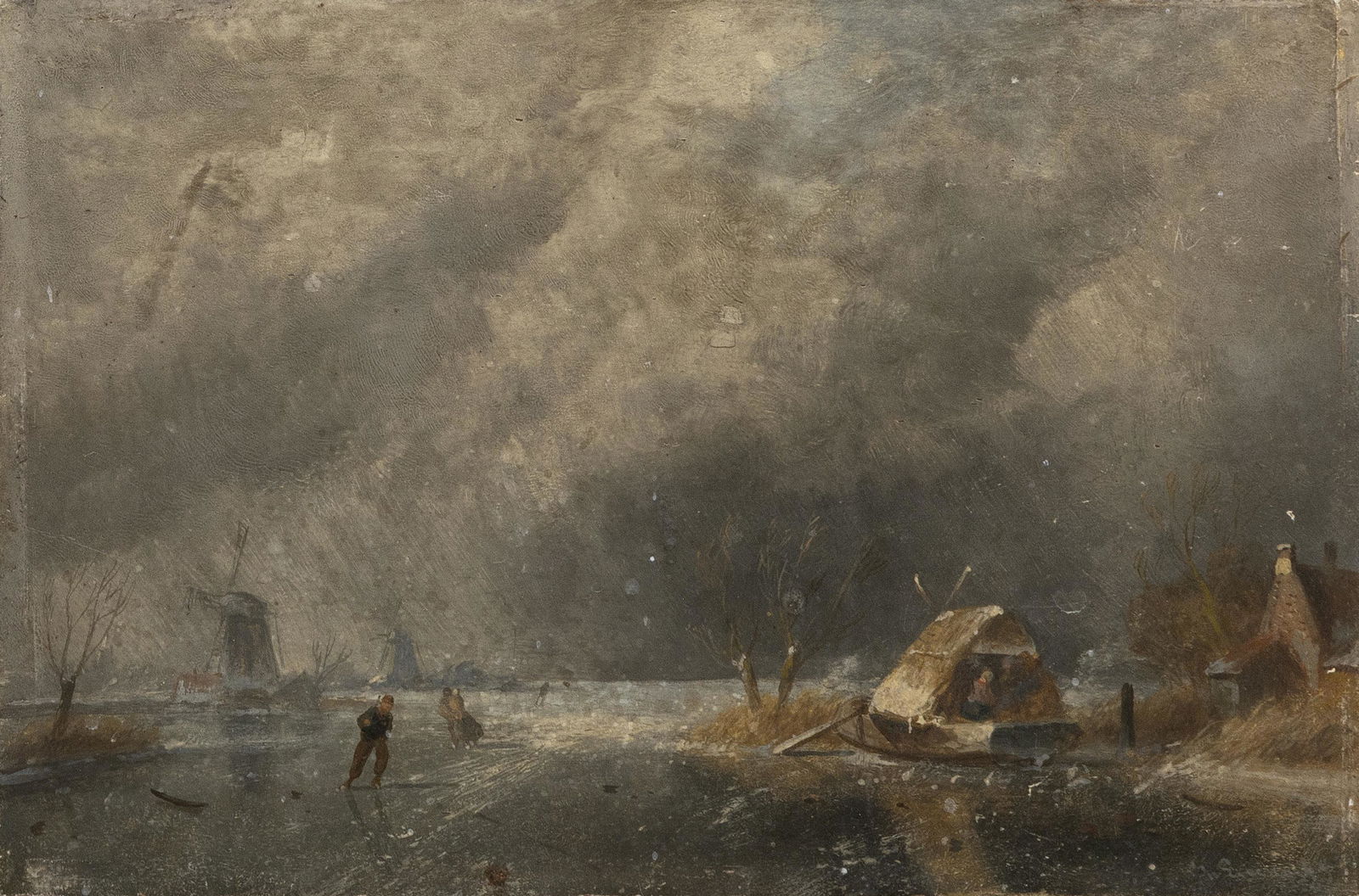 DUTCH SCHOOL , Skaters on canal with a windmill in the distance., Oil on panel, 7" x 11". Unframed. (1 of 3)