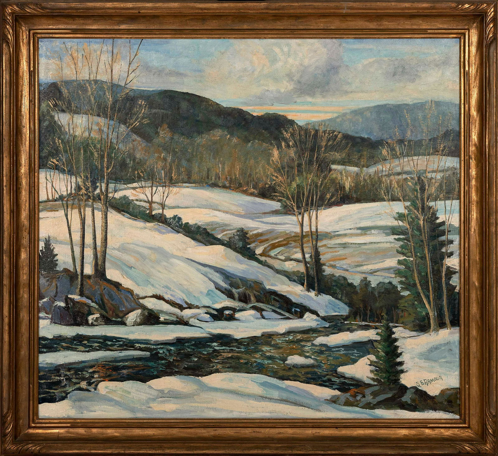 SAMUEL E. ARMOUR (Massachusetts, 1890-1964), Winter river landscape., Oil on canvas, 40" x 44". (1 of 2)