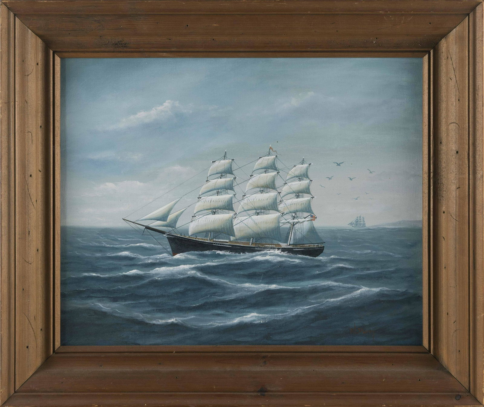 ROBERT LEE PERRY (Massachusetts/Maine, 1909-1991), Three-masted ship at sea., Oil on board, 16”: ROBERT LEE PERRYMassachusetts/Maine, 1909-1991Three-masted ship at sea. Signed lower right.Oil on board, 16” x 20”. Framed 21.5” x 25.5”.
