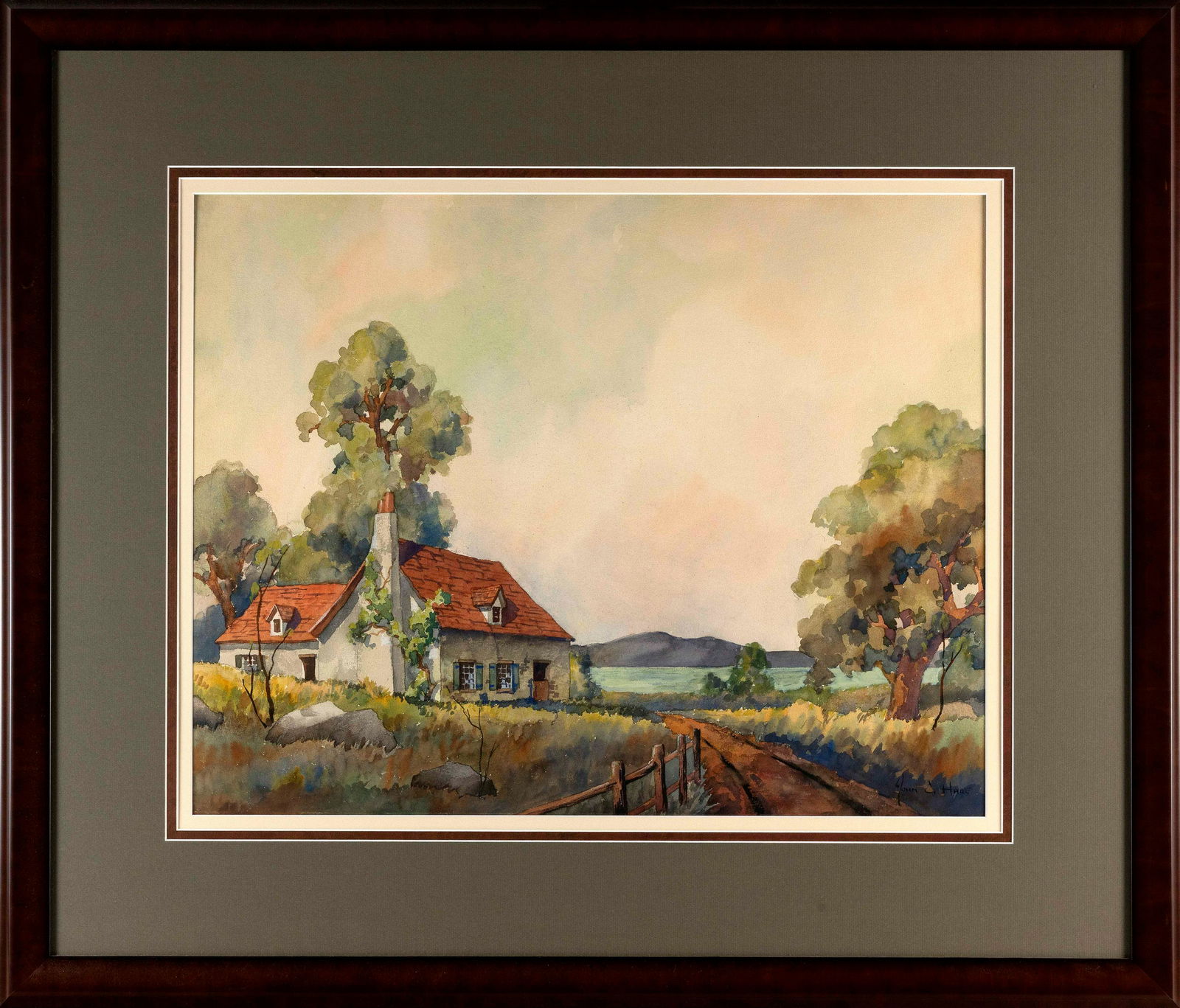 JOHN CUTHBERT HARE (Massachusetts/Florida, 1908-1978), Rural landscape with cottage., Watercolor on: JOHN CUTHBERT HAREMassachusetts/Florida, 1908-1978Rural landscape with cottage. Signed lower right. Untitled.Watercolor on paper, 21” x 27.5”. Framed 35.25” x 41.25”.