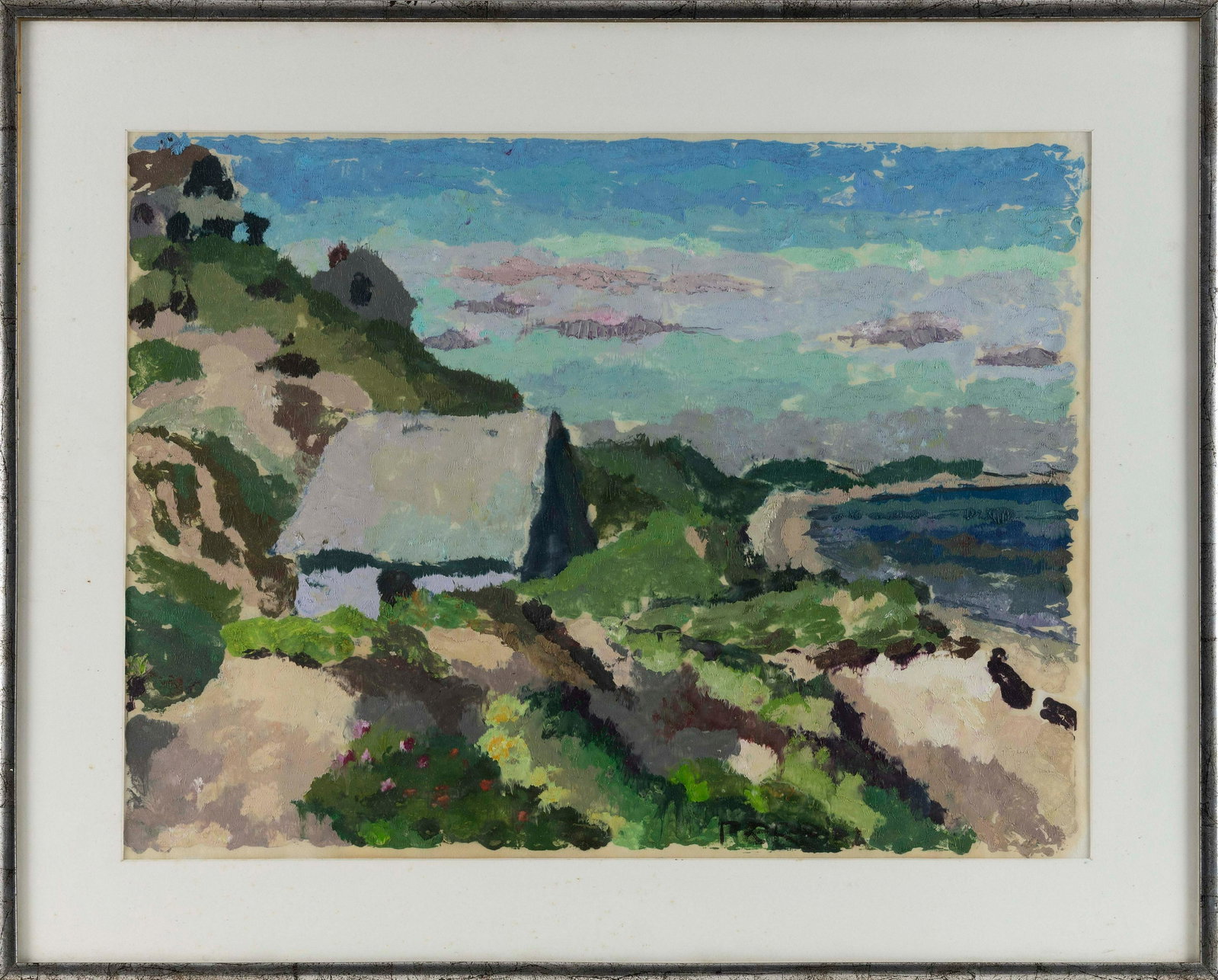 JOAN PEREIRA (Massachusetts/Pennsylvania, 1933-), "Cliffs of Truro"., Oil on paper, 18" x 24" sight.: JOAN PEREIRA Massachusetts/Pennsylvania, 1933- "Cliffs of Truro". Signed lower right "Pereira". Titled verso. Oil on paper, 18" x 24" sight. Framed 25.5" x 30.5"