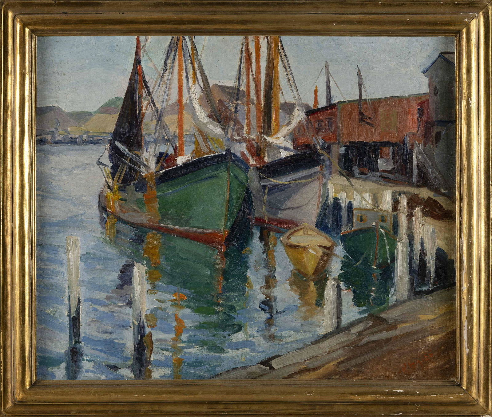 CAPE ANN SCHOOL (Massachusetts, 20th Century), Boats moored at a pier., Oil on canvas, 20" x 24". (1 of 2)