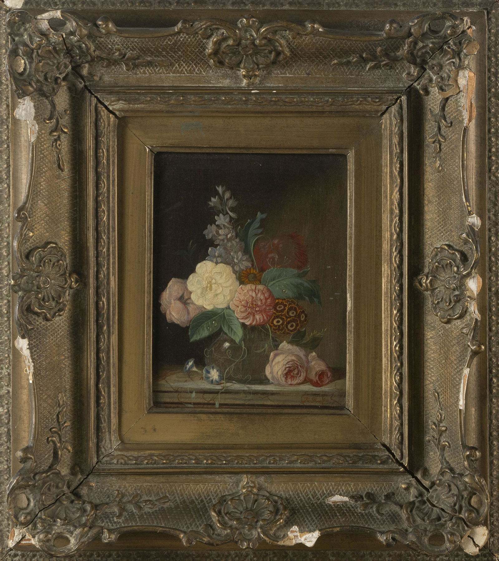 CONTINENTAL SCHOOL , Flowers in a vase on a marble base., Oil on panel, 7.25” x 5.75”. (1 of 6)