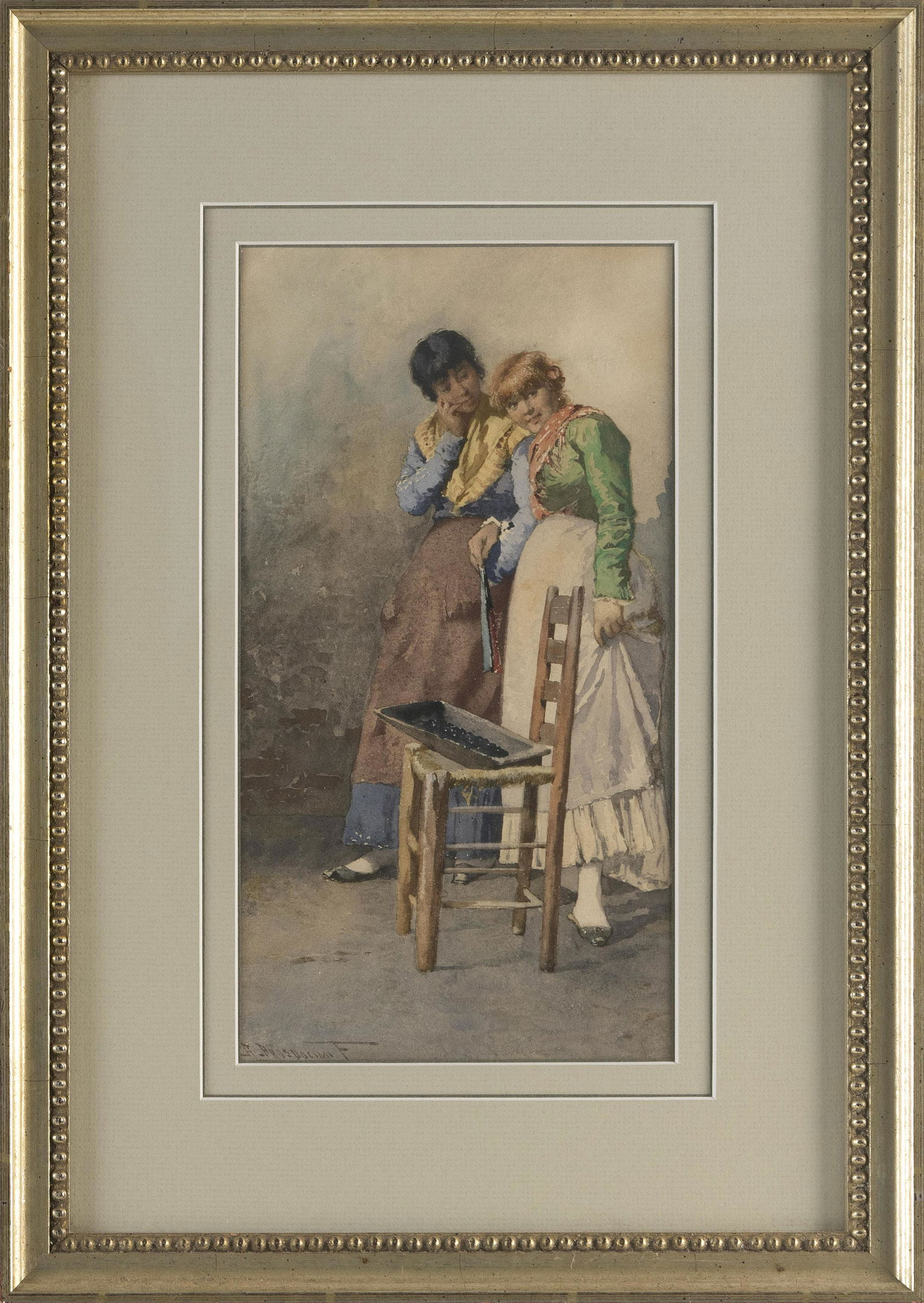 ALBERTO PROSDOCIMI (Italy, 1852-1925), Two women., Watercolor on paper, 11.25” x 6” (1 of 2)