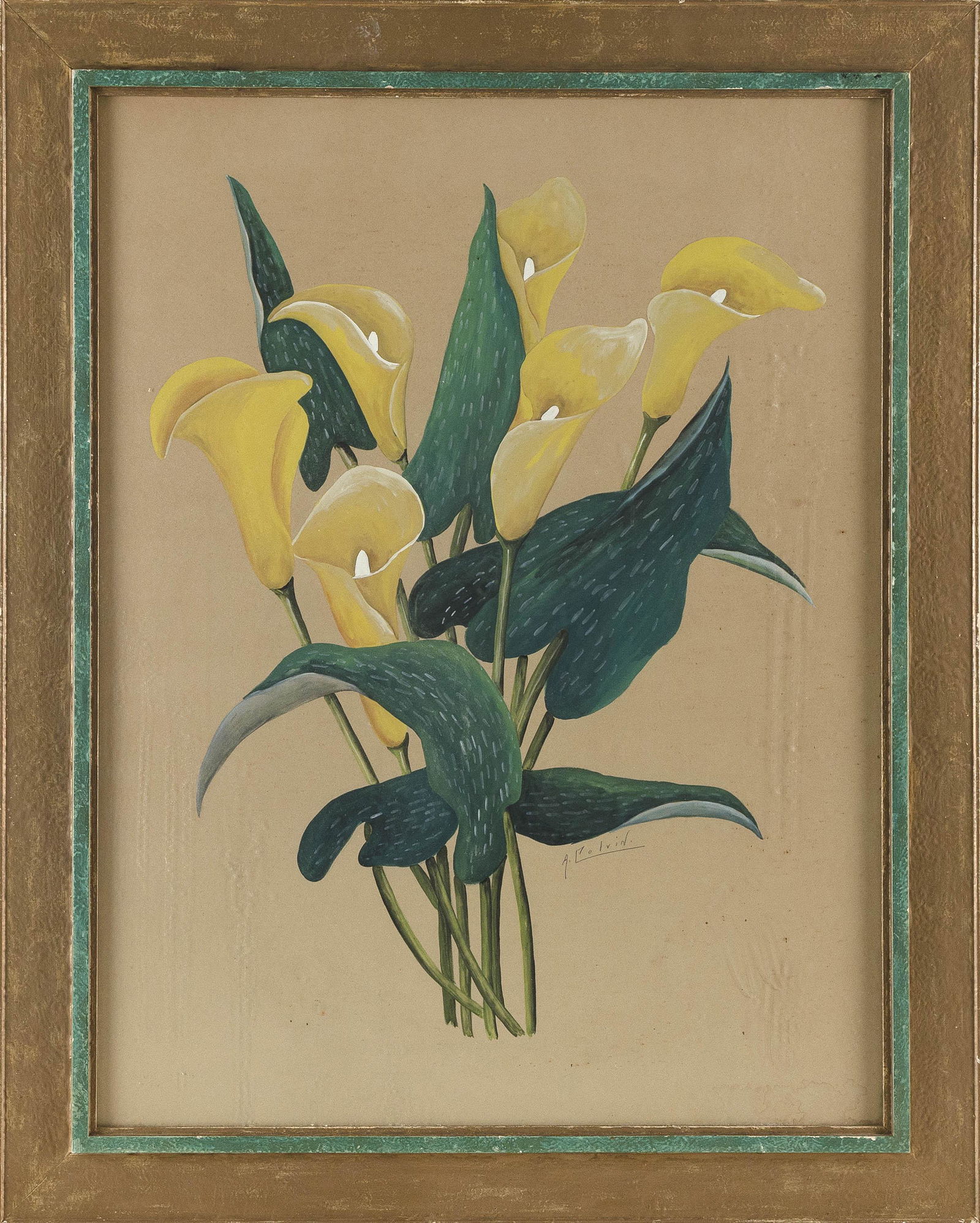 AMERICAN SCHOOL (20th Century,), Golden Calla Lily., Mixed media on brown paper, 25.5” x (1 of 2)