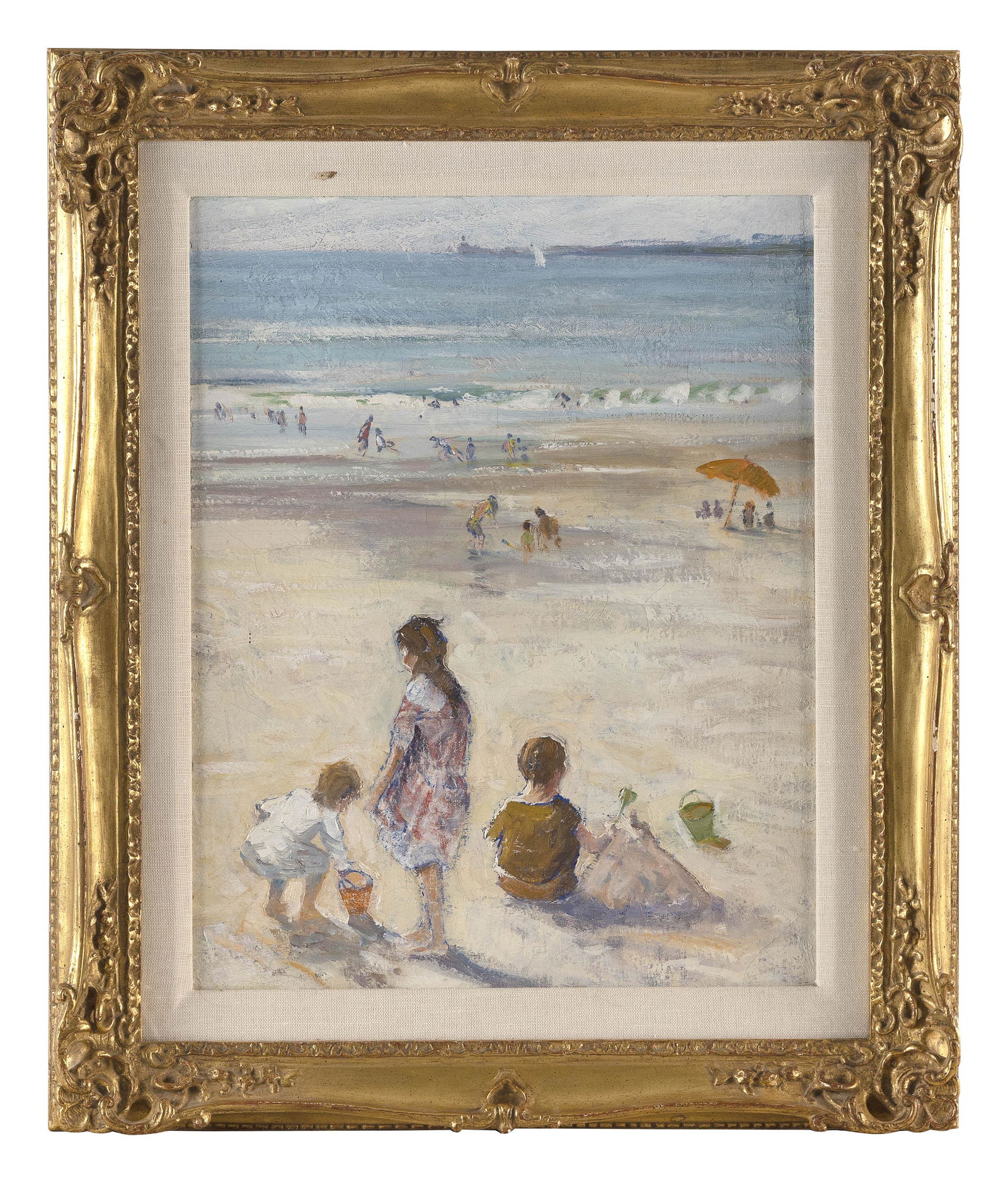 AMERICAN SCHOOL , Beach scene with children., Oil on canvas laid down on board, 21” x 16” (1 of 2)