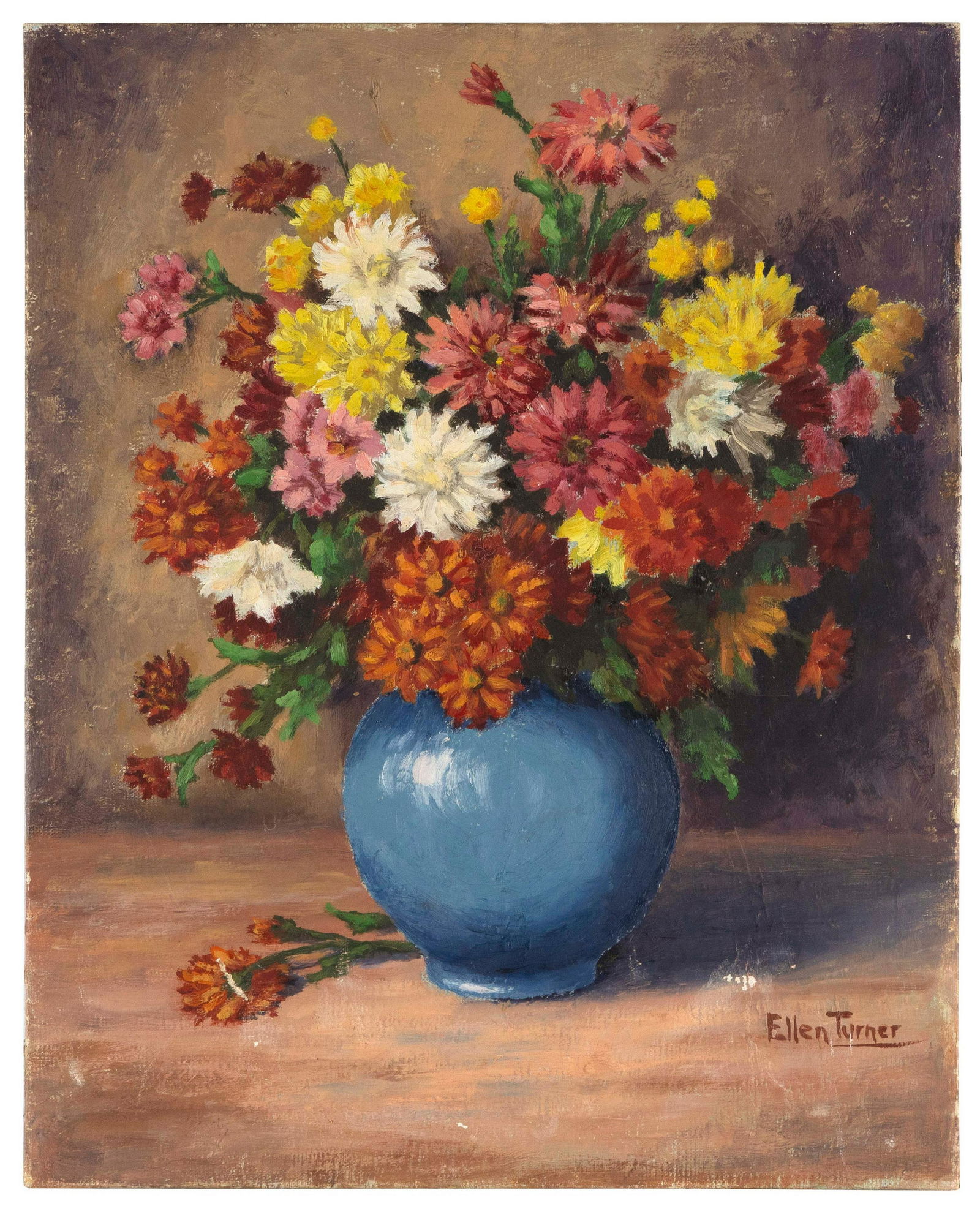 ELLEN TURNER (America, 20th Century), Still life with flowers in a blue vase., Acrylic on canvas, (1 of 2)