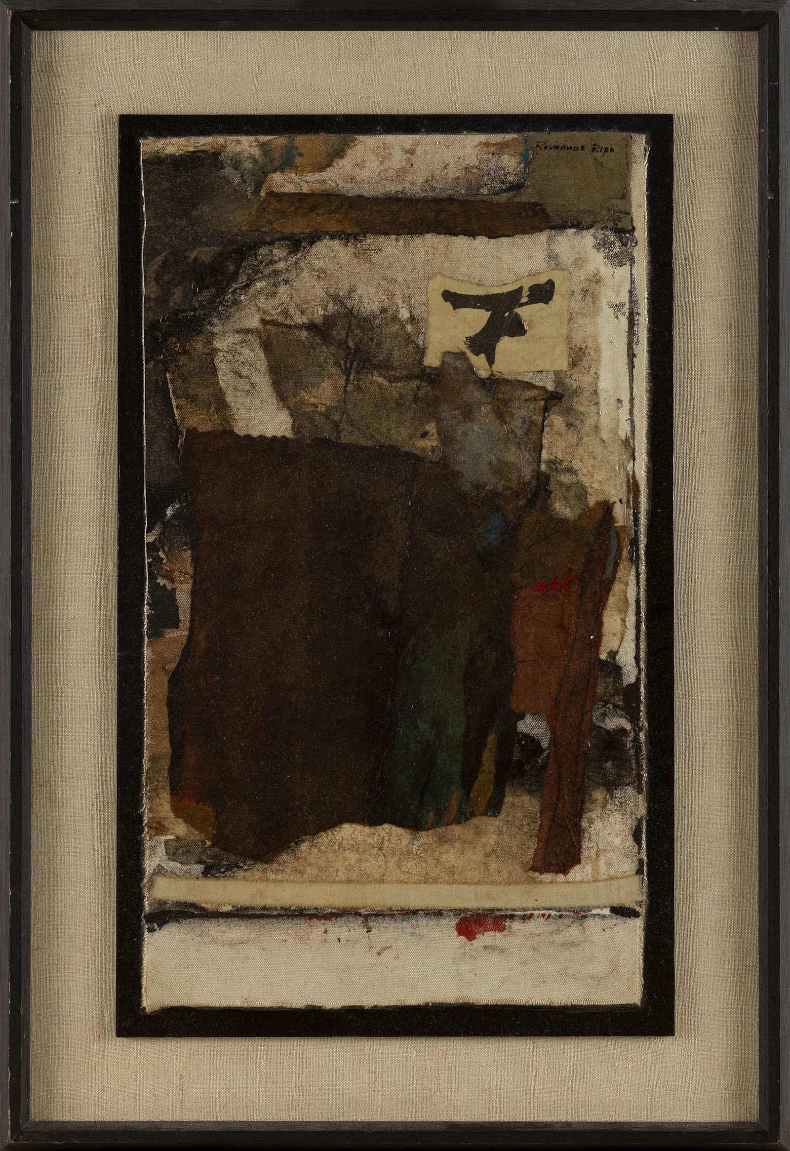 ROMANOS RIZK (Massachusetts/Rhode Island, 1927-2009), "One with Tao #229"., Collage on board, 19" x: ROMANOS RIZKMassachusetts/Rhode Island, 1927-2009"One with Tao #229". Signed upper right "Romanos Rizk".Collage on board, 19" x 11". Framed 26" x 17".