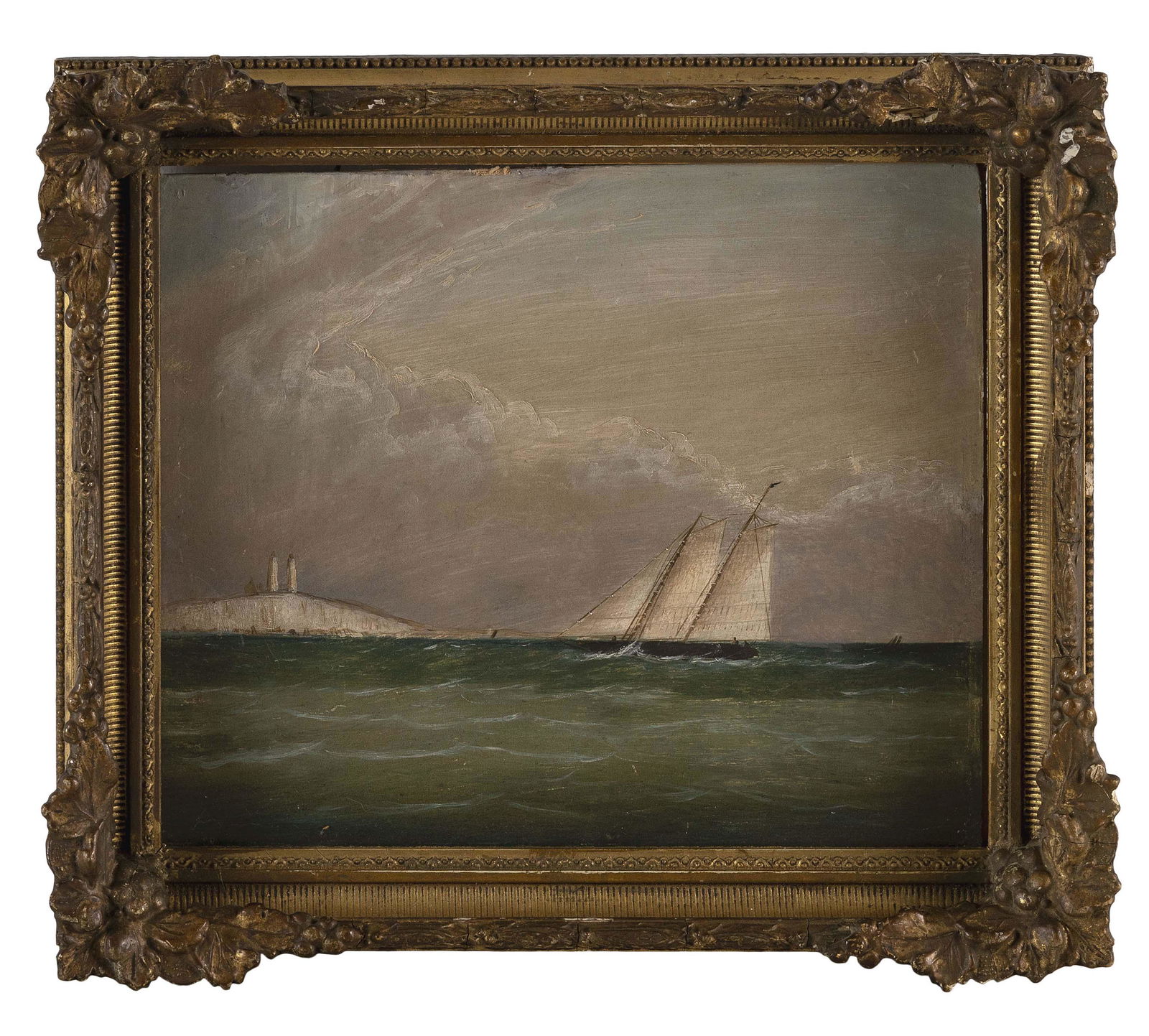MANNER OF CLEMENT DREW (America, 19th Century), Two-masted schooner off twin lights., Oil on board,: MANNER OF CLEMENT DREWAmerica, 19th CenturyTwo-masted schooner off twin lights. Unsigned.Oil on board, 10” x 12”. Framed 14.5” x 12.5”.