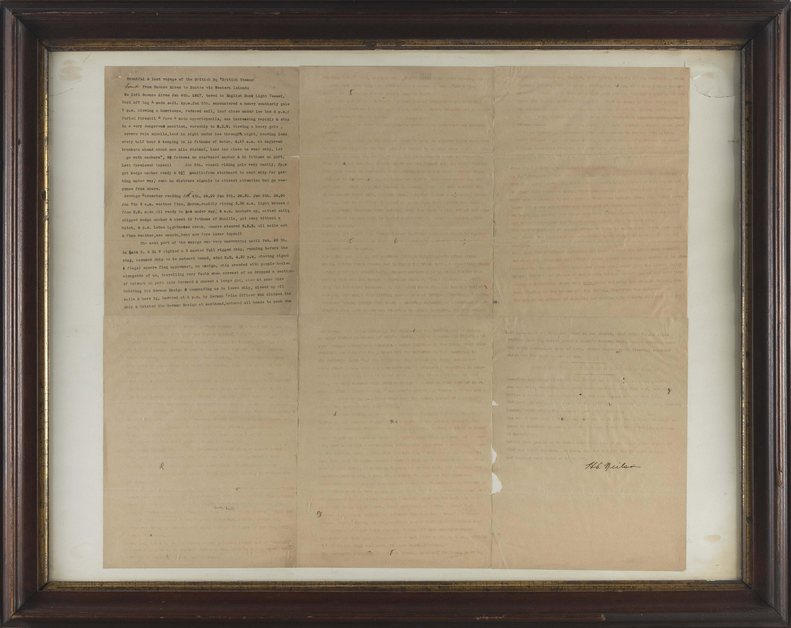 DOCUMENT "EVENTFUL AND LAST VOYAGE" OF THE BRITISH BARQUE "BRITISH YEOMAN" England, Circa 1917 Pages: DOCUMENT "EVENTFUL AND LAST VOYAGE" OF THE BRITISH BARQUE "BRITISH YEOMAN" England, Circa 1917 Typed six-page document details the capture and sinking of the British Yeoman by Germ
