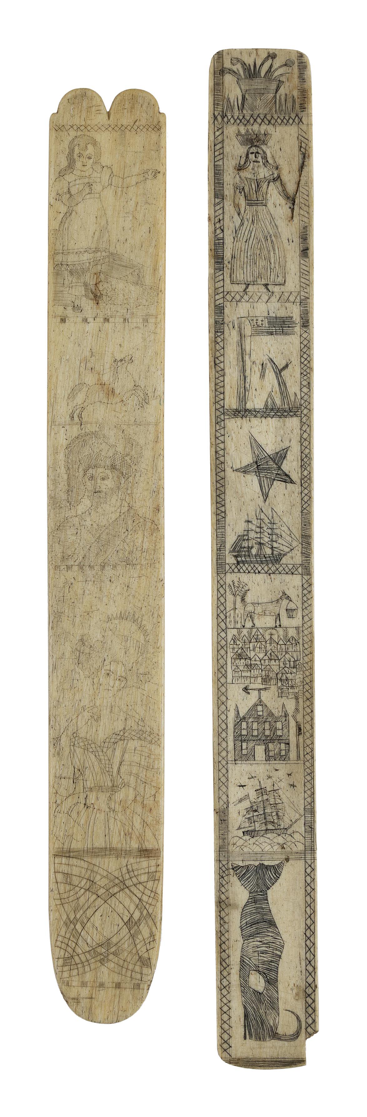 TWO SCRIMSHAW WHALEBONE BUSKS 19th Century Lengths 13” and 14”.: TWO SCRIMSHAW WHALEBONE BUSKS 19th Century One with figures and the other with whales, ships, figures and houses. Lengths 13” and 14”.
