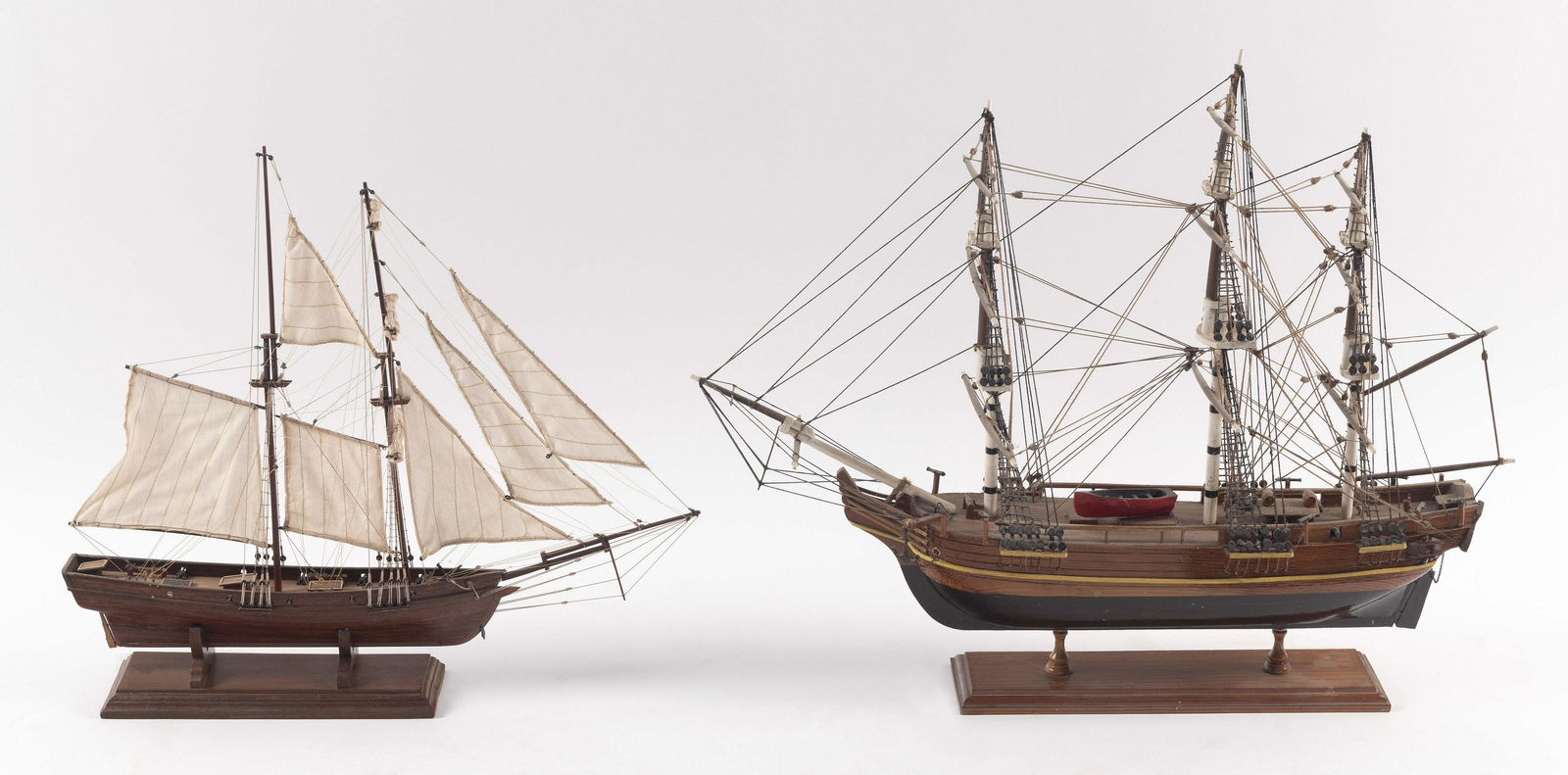 TWO SHIP MODELS Late 20th Century Lengths 18” and 24”.: TWO SHIP MODELSLate 20th CenturyOne with two masts, the other with three masts.Lengths 18” and 24”.