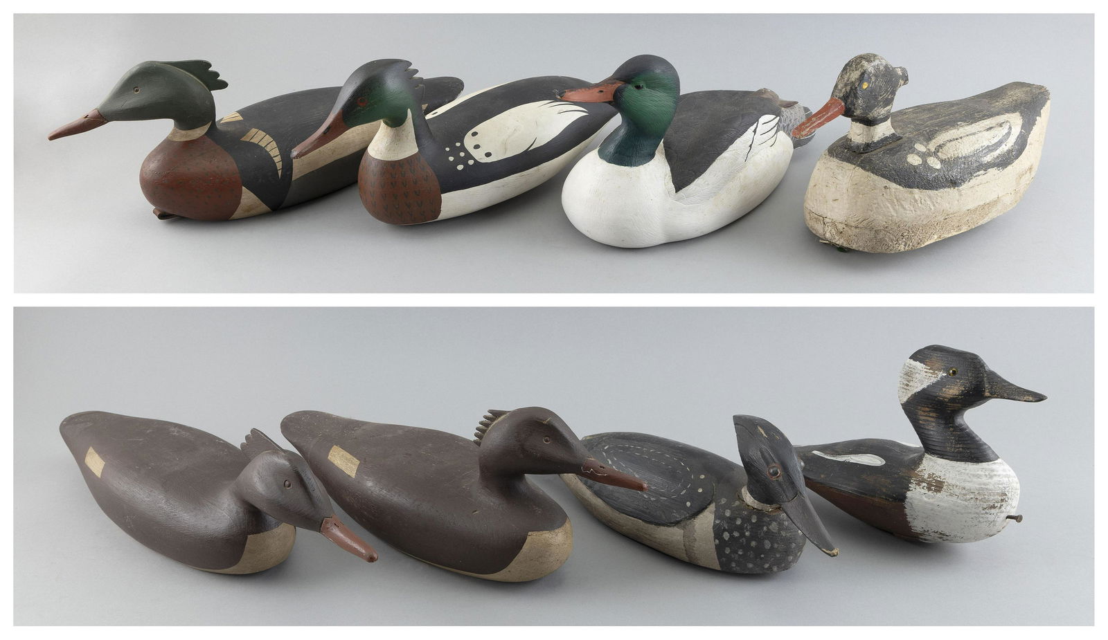 EIGHT MERGANSER DECOYS Late 20th Century Lengths from 10” to 16”. (1 of 7)