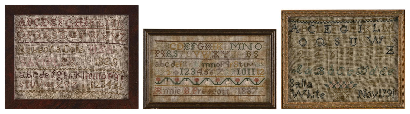 THREE SMALL NEW ENGLAND SCHOOLGIRL SAMPLERS Framed 7.25” x 9.25”, 6.75” x (1 of 7)
