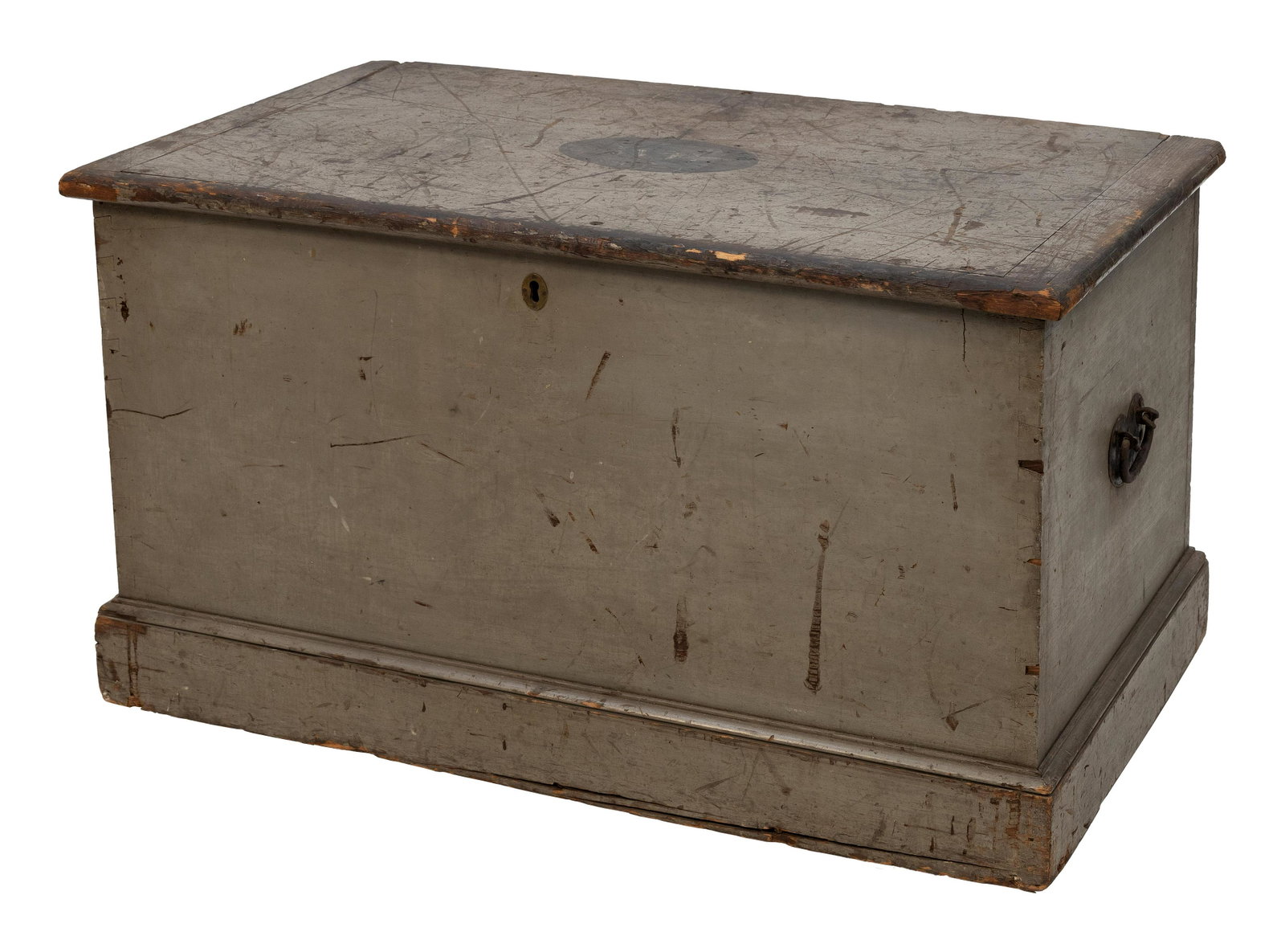 BLANKET CHEST 19th Century Height 23”. Width 43”. Depth 23.5”.: BLANKET CHEST 19th Century In gray paint. Top with painted black oval with white lettering “WE”. Iron handles and hinges. Height 23”. Width 43”. Depth 23.5”.