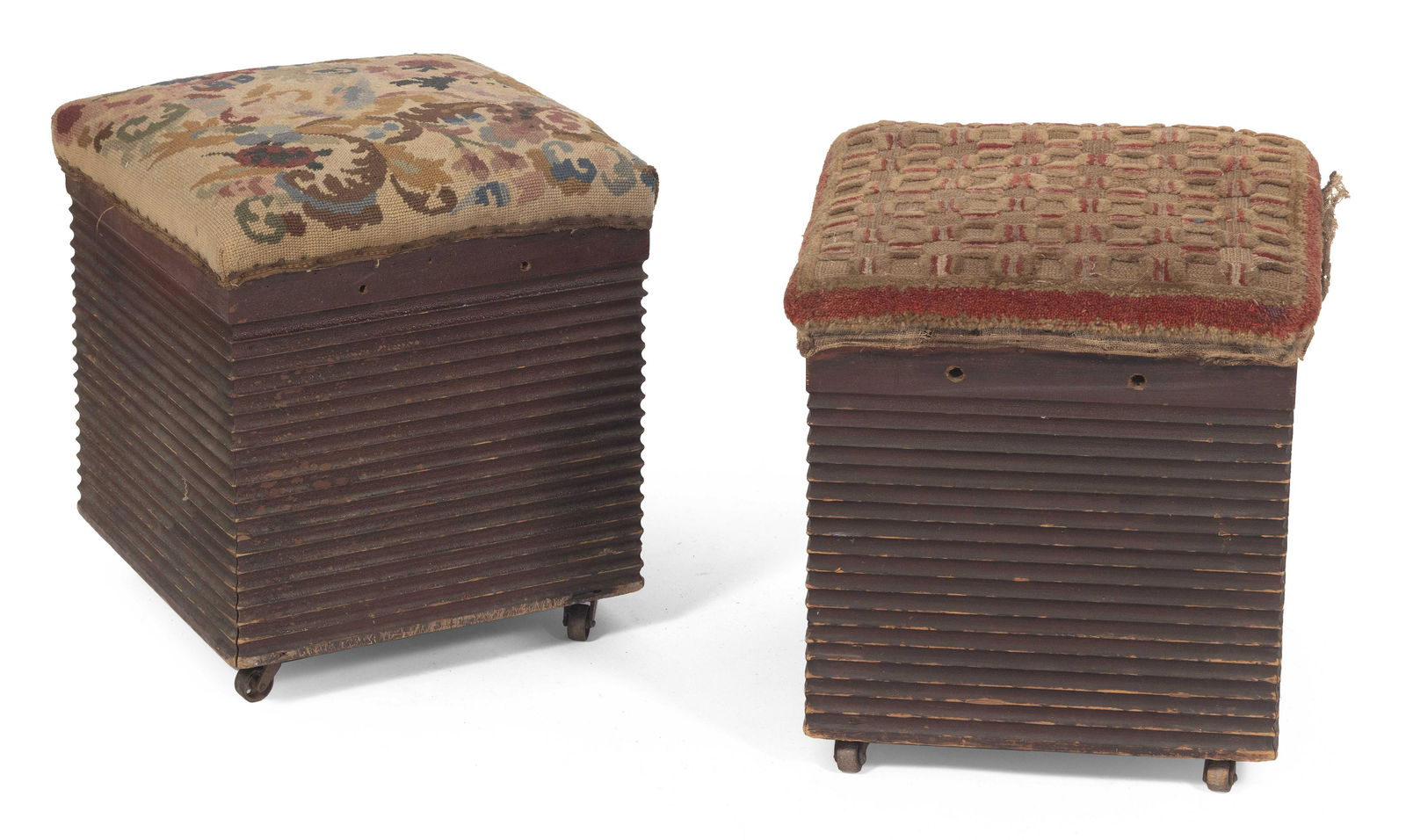 PAIR OF STOOLS WITH NEEDLEWORK TOPS Late 19th/Early 20th Century Height 18”. Width 16”. (1 of 1)