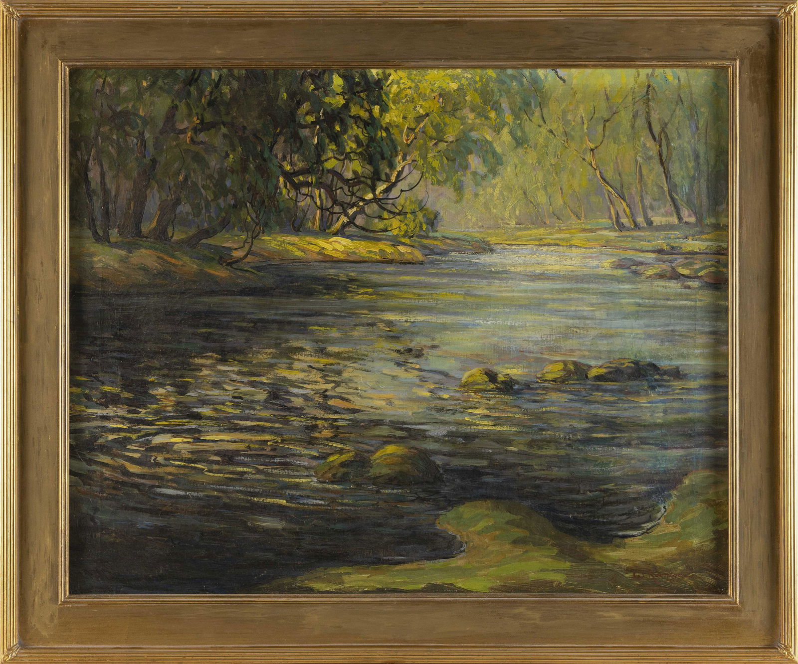 WALTER KOENIGER (New York/Germany, 1881-1943), Sunlit stream., Oil on canvas, 24" x 30". Framed 30": WALTER KOENIGERNew York/Germany, 1881-1943Sunlit stream. Signed lower right "W. Koeniger".Oil on canvas, 24" x 30". Framed 30" x 36".