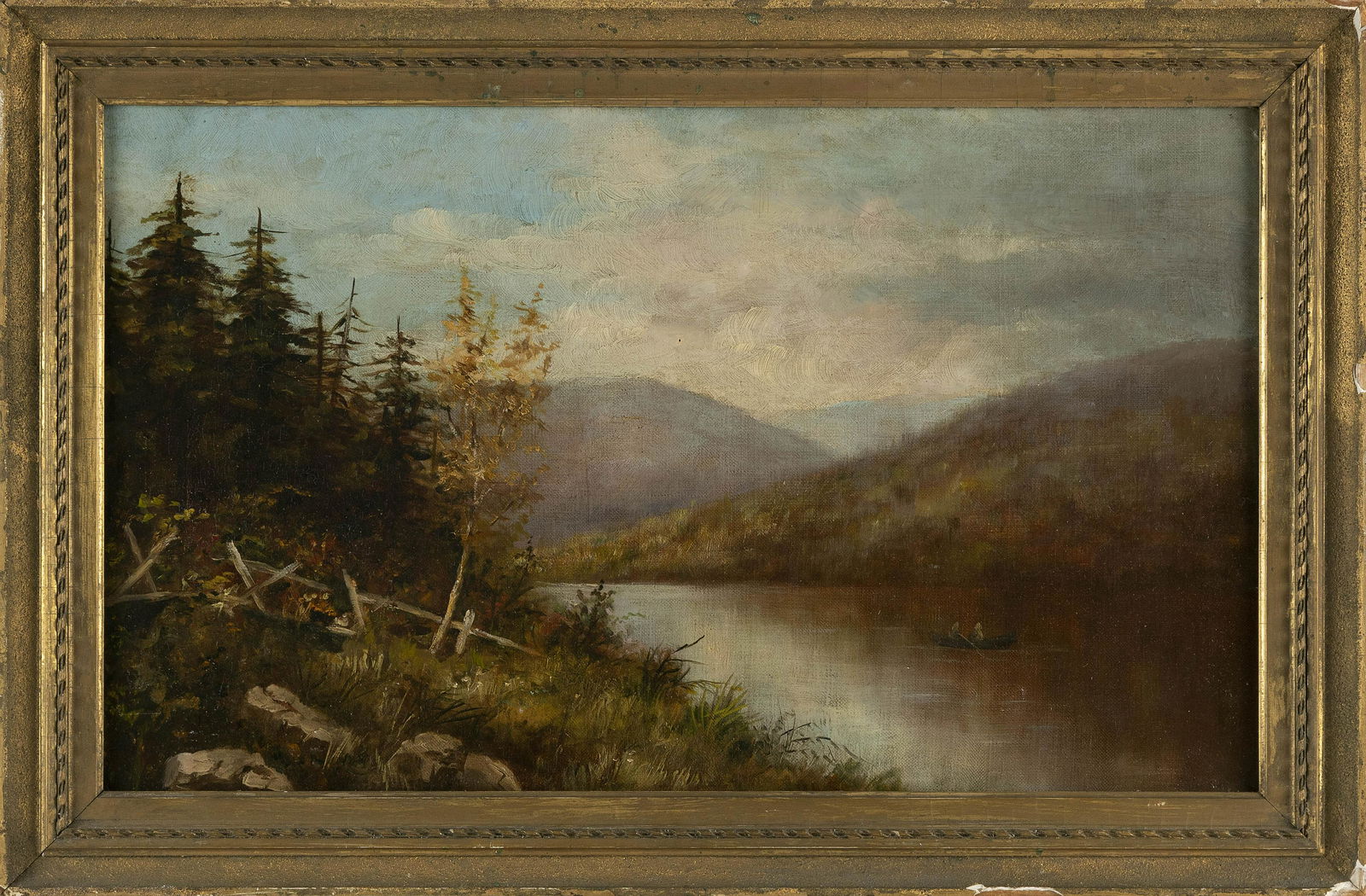 AMERICAN SCHOOL (19th Century,), Boaters on a mountain lake., Oil on canvas, 12" x 20". Framed 15" x (1 of 2)