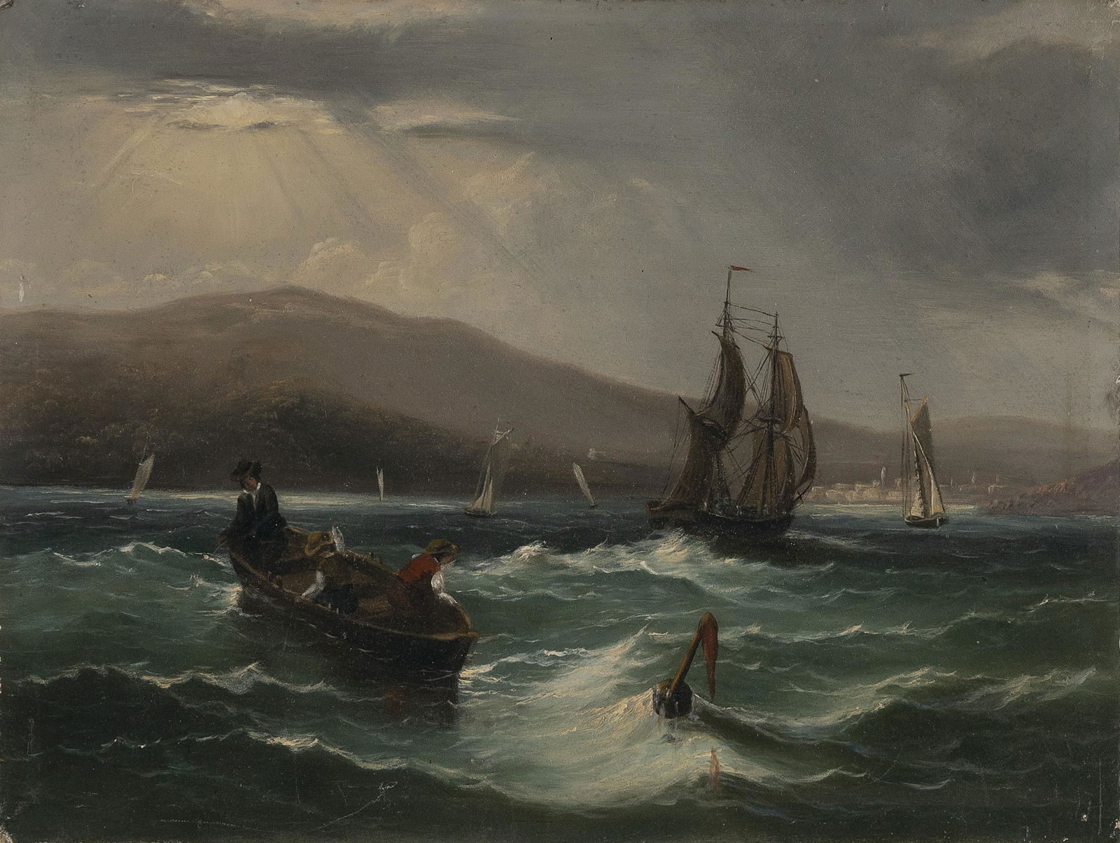 FRENCH SCHOOL (Late 19th Century,), Three figures fishing off a coastal town., Oil on board, (1 of 2)