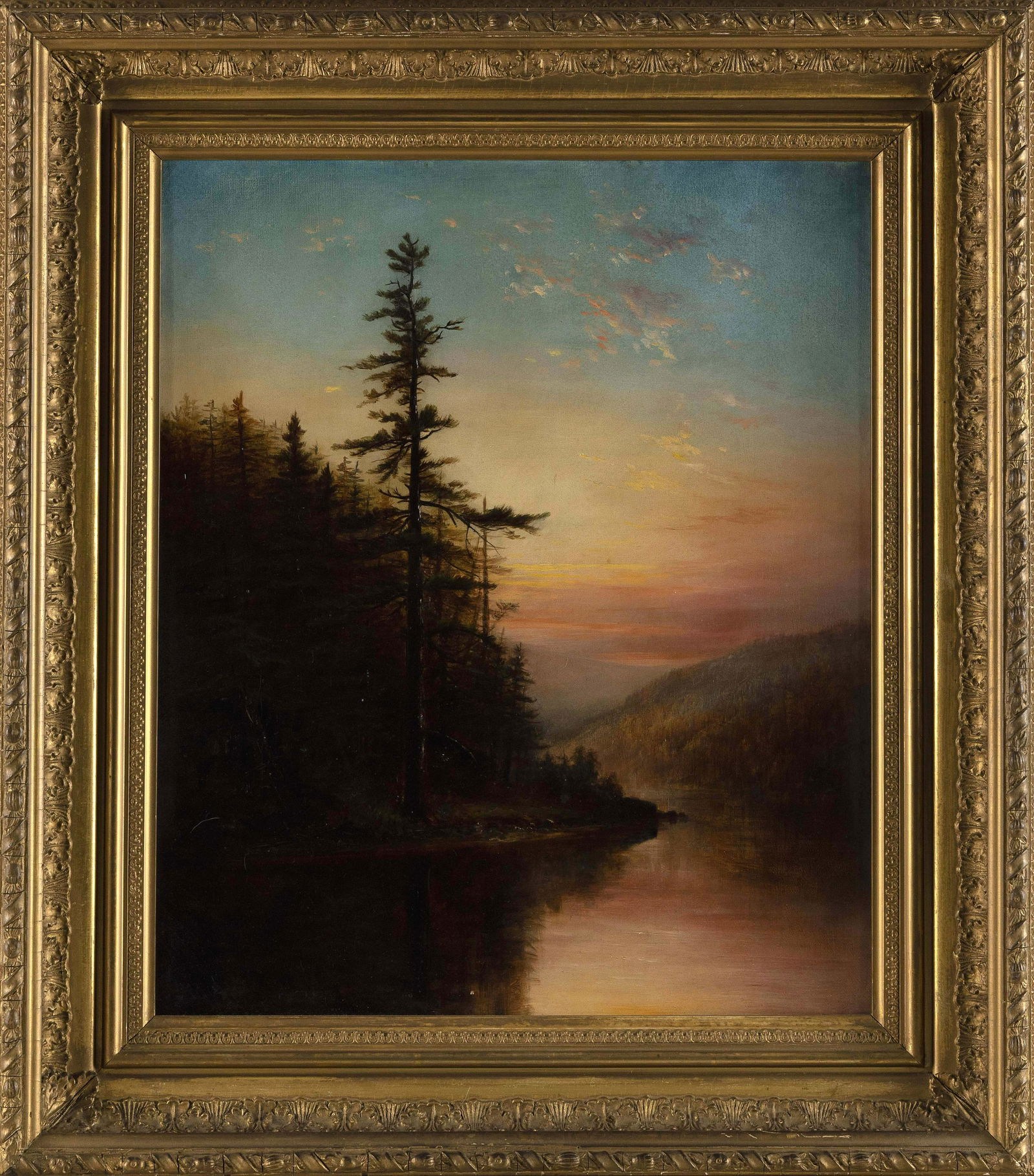 AMERICAN SCHOOL (19th Century,), Brilliant sunset over a mountain lake., Oil on canvas, 18” x (1 of 2)