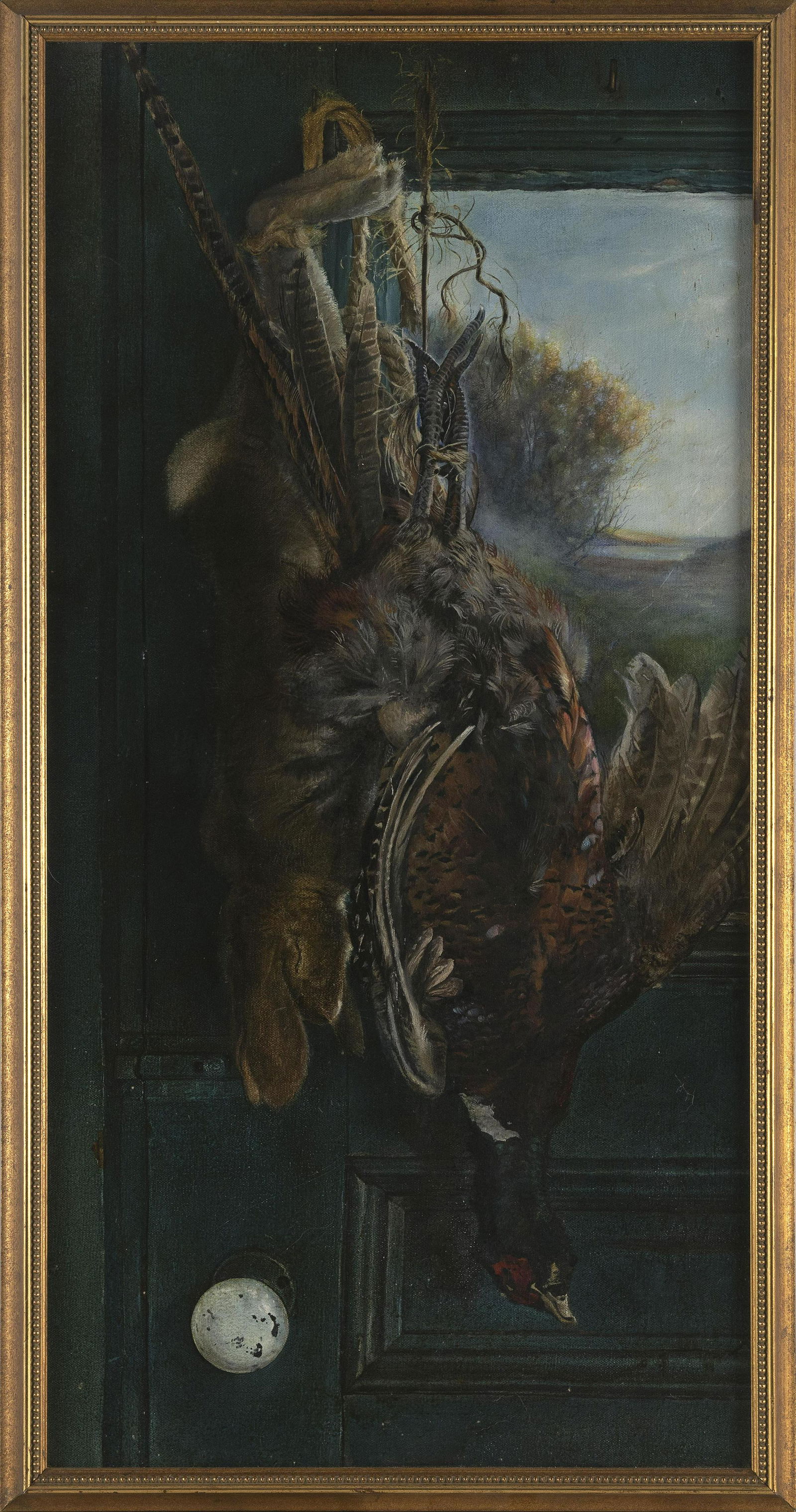 HEATHER BRAGINTON-SMITH (Massachusetts, 1959-1997), Trompe l'oeil of hanging game on a painted (1 of 2)