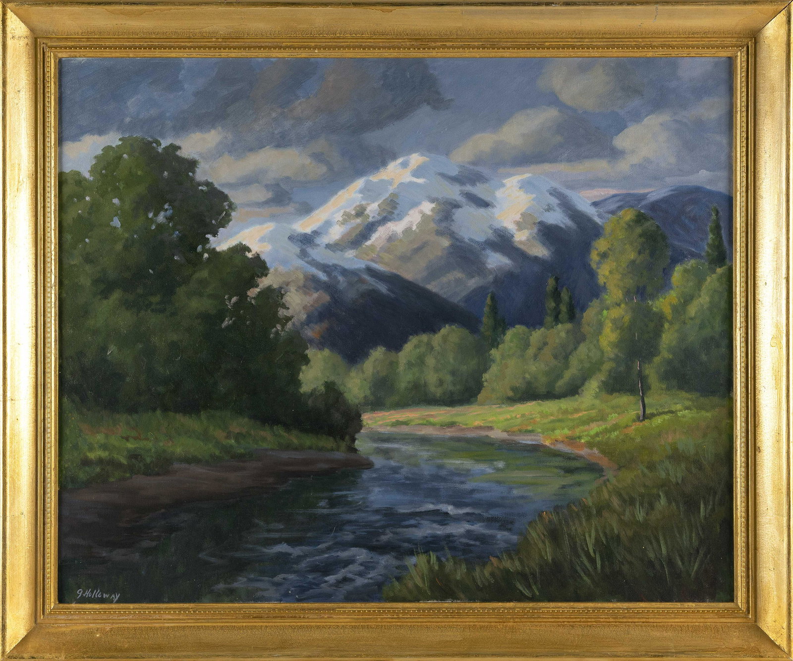 GEORGE HOLLOWAY (New Jersey, 20th Century), Mountainous river landscape., Oil on canvas, 24” x (1 of 2)