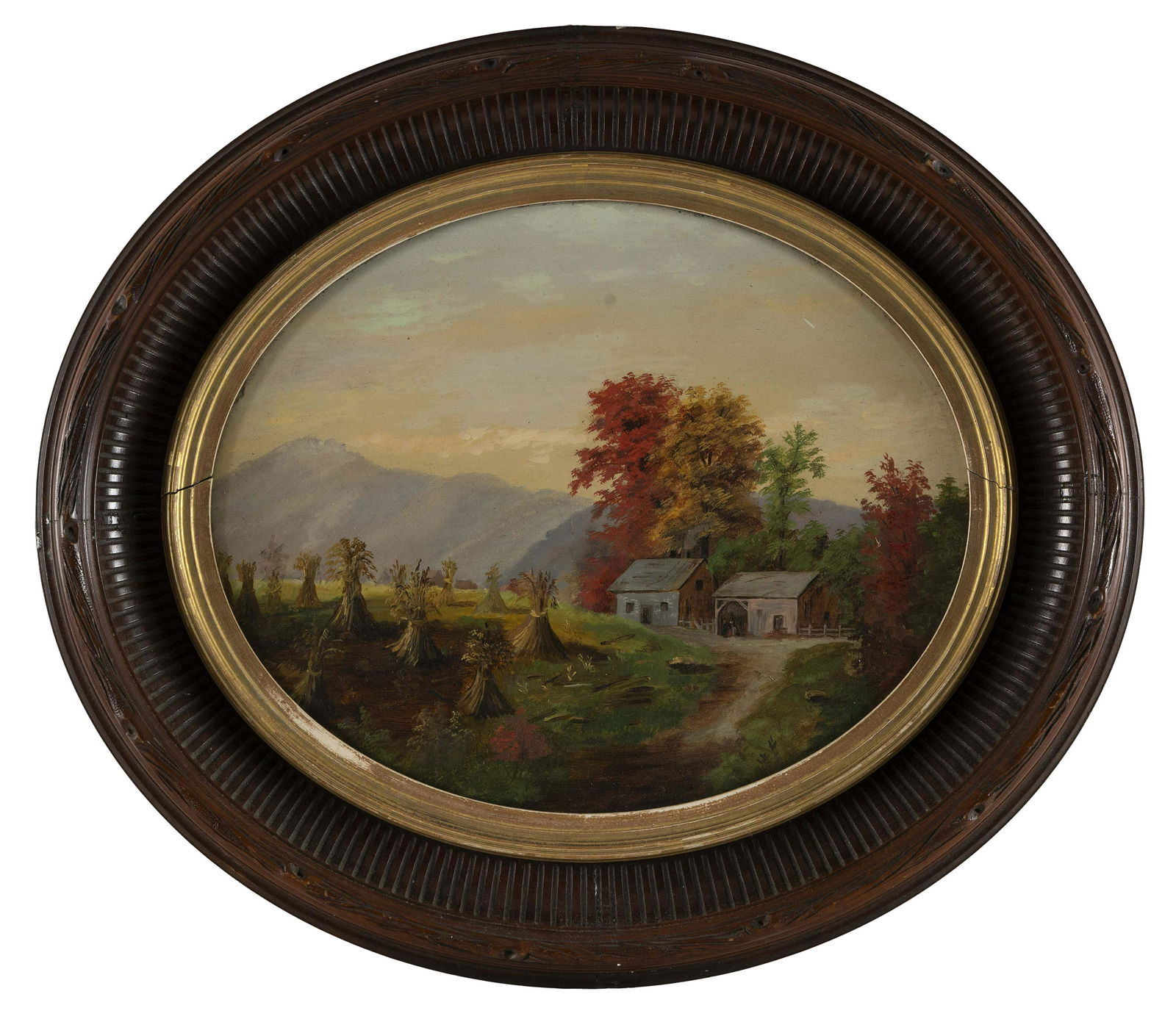 AMERICAN SCHOOL (Late 19th Century,), A mountain farm in autumn., Oil on board, oval 13” x (1 of 2)