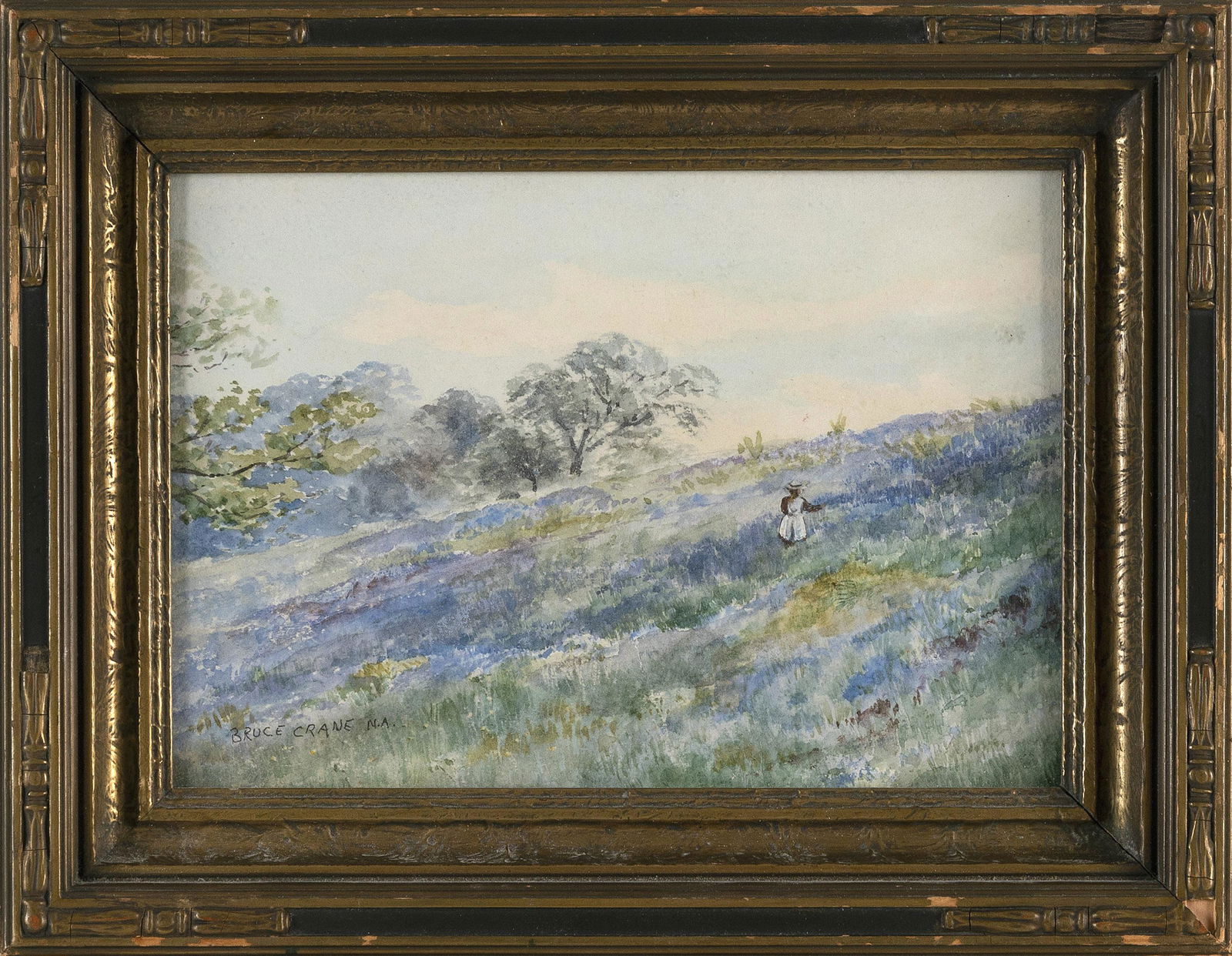 WATERCOLOR LANDSCAPE 20th Century 7” x 9” sight. Framed 10.5” x 13”.: WATERCOLOR LANDSCAPE20th CenturyDepicts a woman in a field of bluebonnets. Signed lower left “Bruce Crane”.7” x 9” sight. Framed 10.5” x 13”.