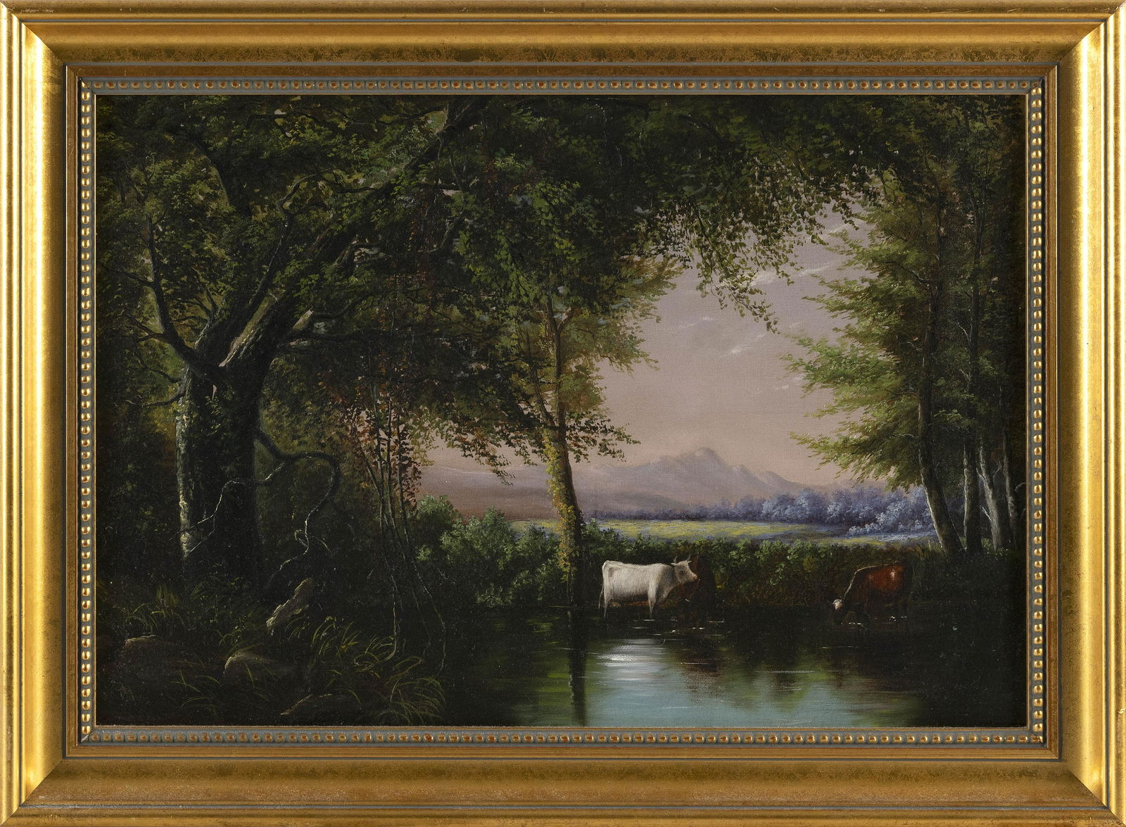 AMERICAN SCHOOL (Late 19th Century,), Cows watering by a stream., Oil on canvas, 13” x (1 of 2)