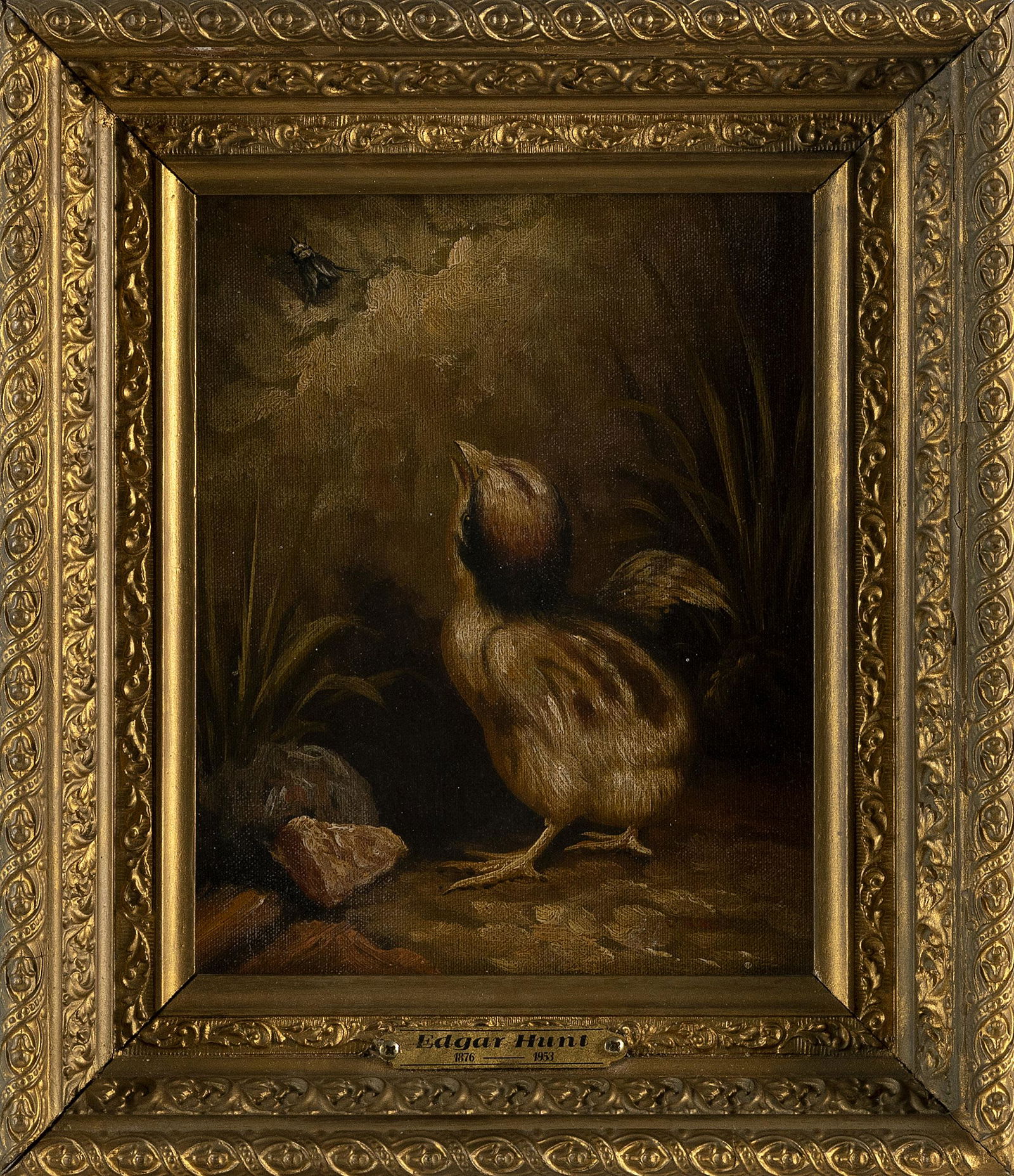 EDGAR HUNT (England, 1876-1955), A chickadee eyeing a fly., Oil on canvas, 10" x 8". Framed 14" x: EDGAR HUNTEngland, 1876-1955A chickadee eyeing a fly. Signed lower right "E. Hunt".Oil on canvas, 10" x 8". Framed 14" x 12".
