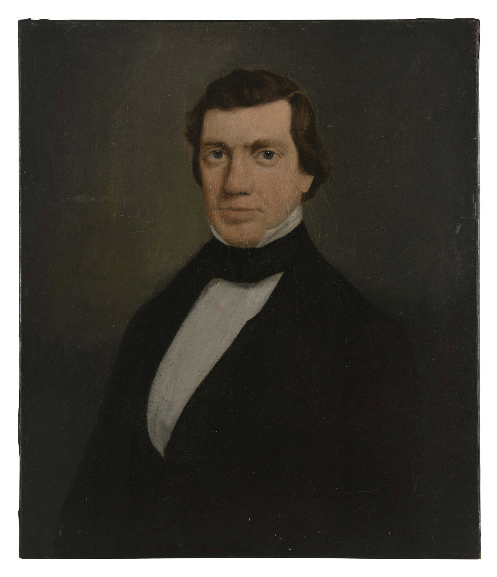 AMERICAN SCHOOL (19th Century,), Portrait of a gentleman., Oil on canvas, 28" x 24". Unframed.: AMERICAN SCHOOL 19th Century Portrait of a gentleman. Unsigned. Contemporary note verso states the painting was acquired at the Eldridge house in East Greenwich, Rhode Island and is believed to depict