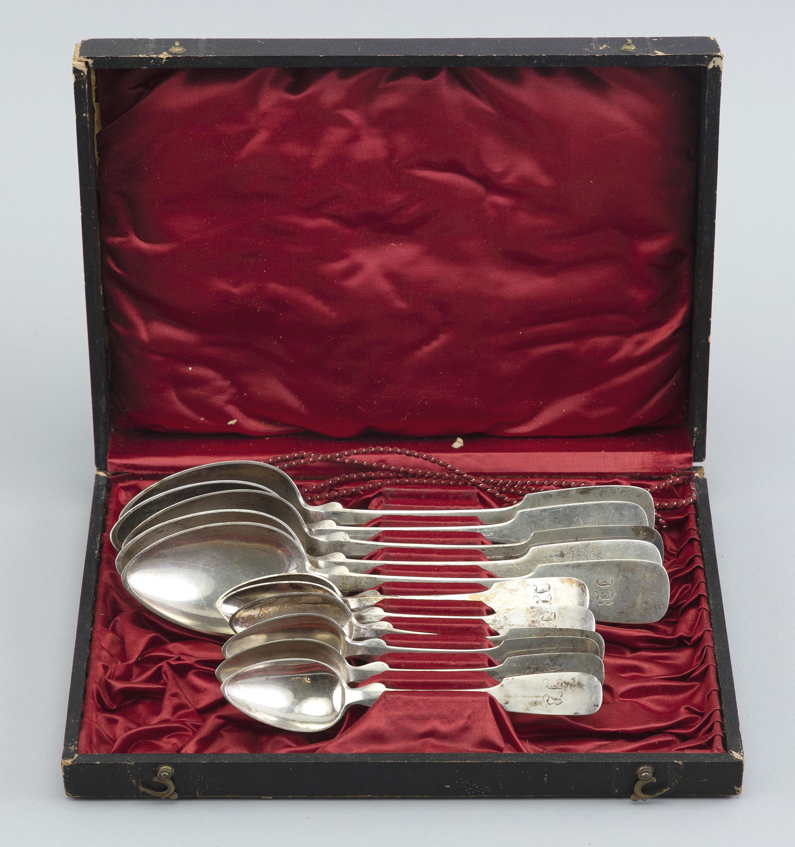 CASED SET OF ELEVEN COIN SILVER SPOONS 19th Century Approx. 13.4 troy oz. (1 of 2)