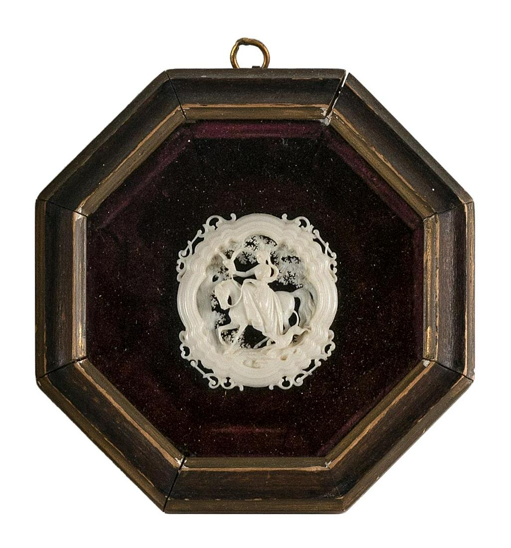 SMALL CARVED IVORY DIEPPE PANEL Last Quarter of the 19th Century Framed 5.5” x 5.5”. (1 of 2)