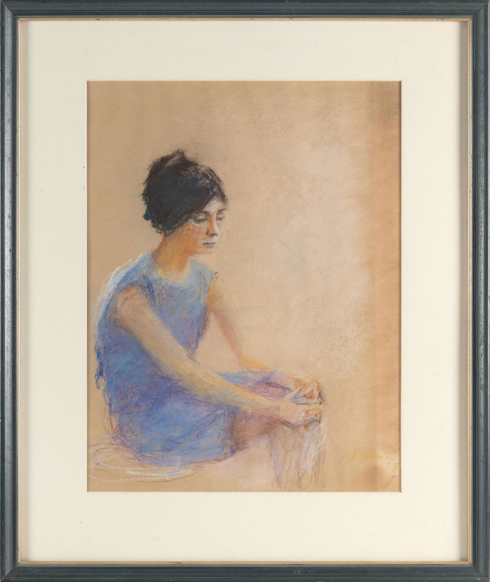 WOLF KAHN (New York/Vermont/Germany, 1927-2020), Girl in a blue dress., Pastel on paper, 15.25”: WOLF KAHNNew York/Vermont/Germany, 1927-2020Girl in a blue dress. Signed and dated lower right â€œW. Kahn, 67”.Pastel on paper, 15.25” x 11.5” sight. Framed 21.75” x 18&rdq