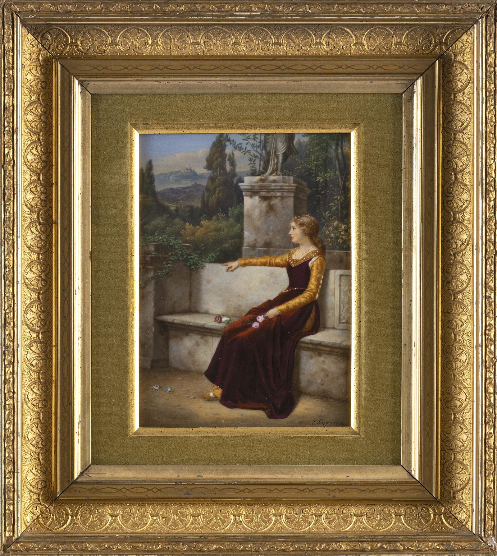LOUIS KNOELLER (Germany, 1840-1914), A young woman seated on a garden bench., Painted porcelain (1 of 2)