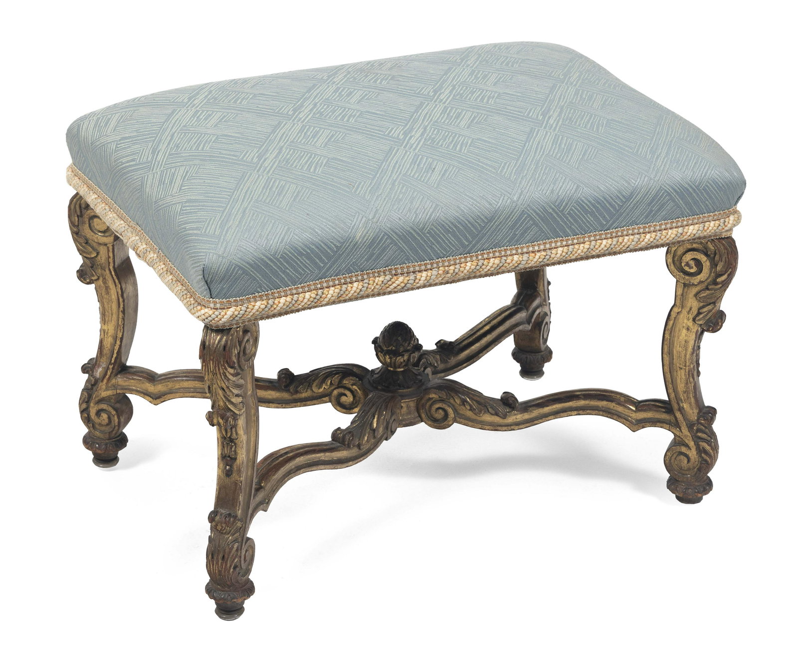 FRENCH GILT-CARVED AND UPHOLSTERED OTTOMAN Mid-19th Century Height 19”. Width 28”. Depth (1 of 1)