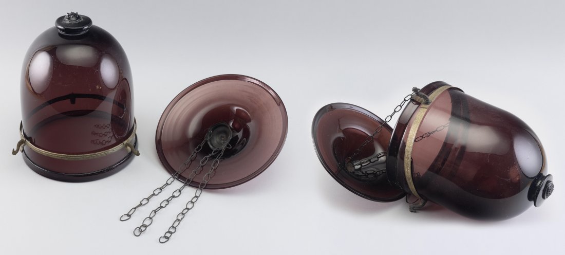 TWO VICTORIAN BELL-FORM AMETHYST HALL LANTERNS 19th Century Heights 10” and 12”. (1 of 3)