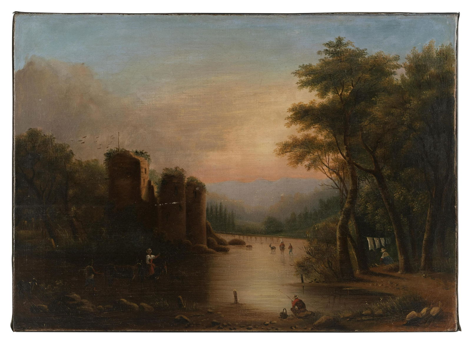 CONTINENTAL SCHOOL (19th Century,), Sunset over a river., Oil on canvas, 17" x 23.5". Unframed. (1 of 2)