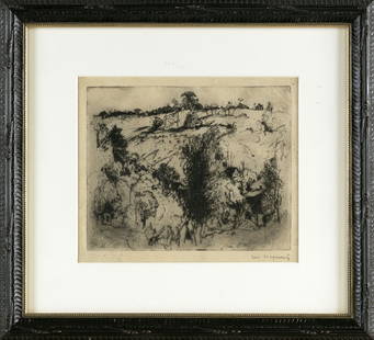 WILLIAM MEYEROWITZ (New York, 1887-1981), Landscape., Etching, 6.75" x 8" sight. Framed 12" x 13.5".: WILLIAM MEYEROWITZNew York, 1887-1981Landscape. Signed in pencil lower right "Wm. Meyerowitz".Etching, 6.75" x 8" sight. Framed 12" x 13.5".