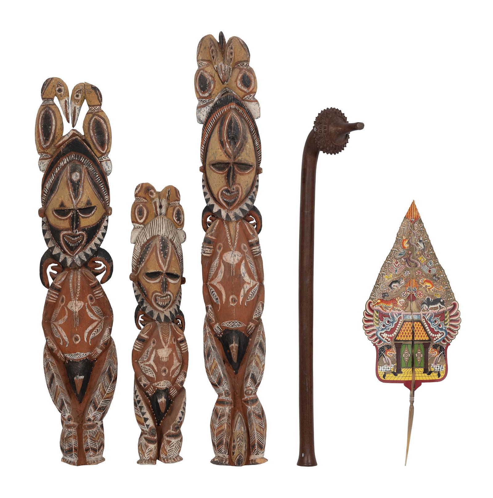 THREE SEPIK RIVER WOODEN FIGURES 19th/20th Century Lengths from 29” to 43”. (1 of 2)